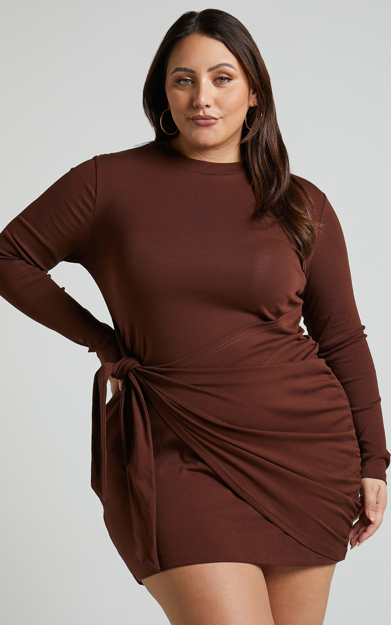 Marleen Mini Dress - Wrap Front Long Sleeve Bodycon Dress in Dark Oak