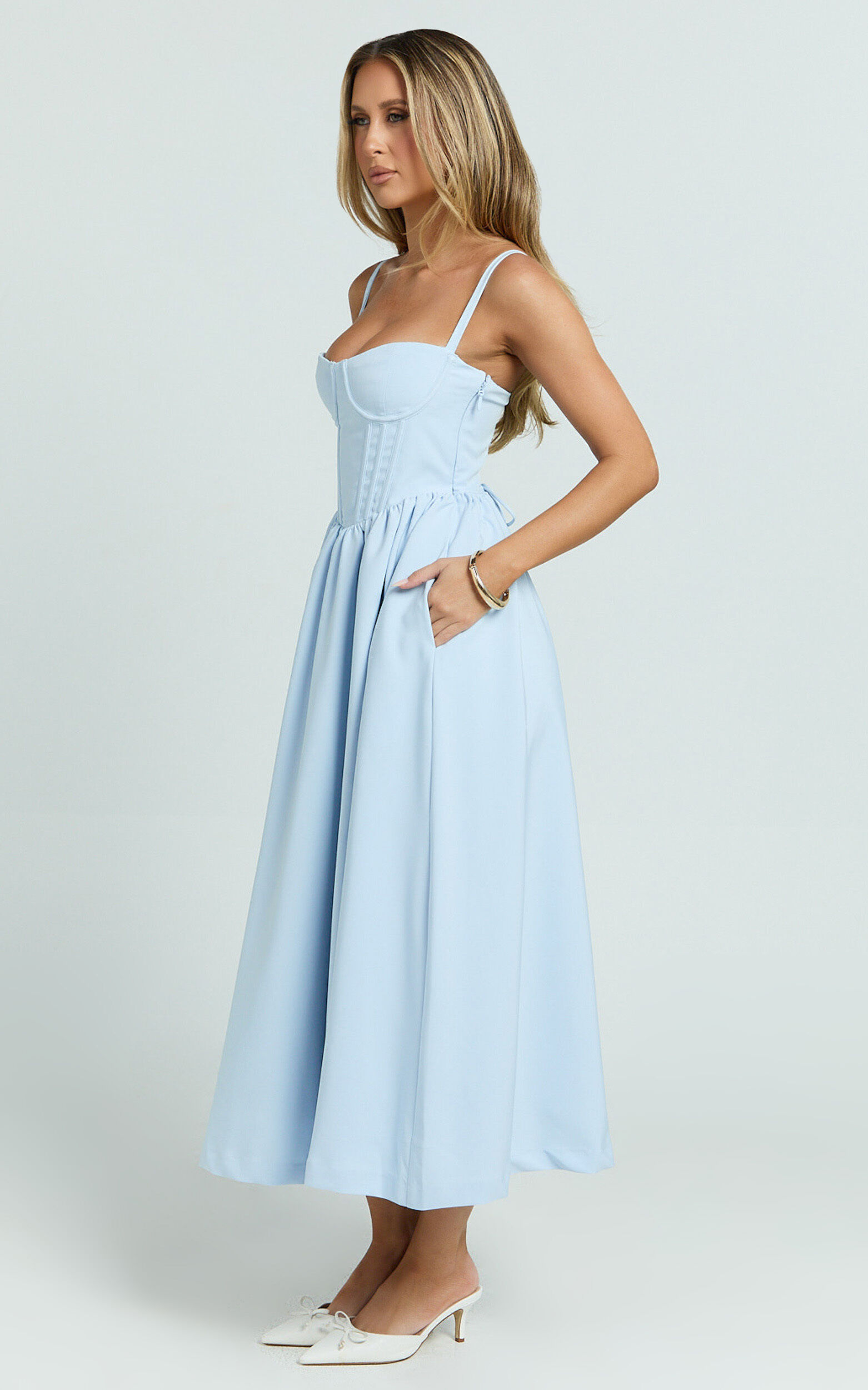 Nadine Midi Dress - Bustier Corset Waist Gathered Full Skirt Dress in Baby Blue