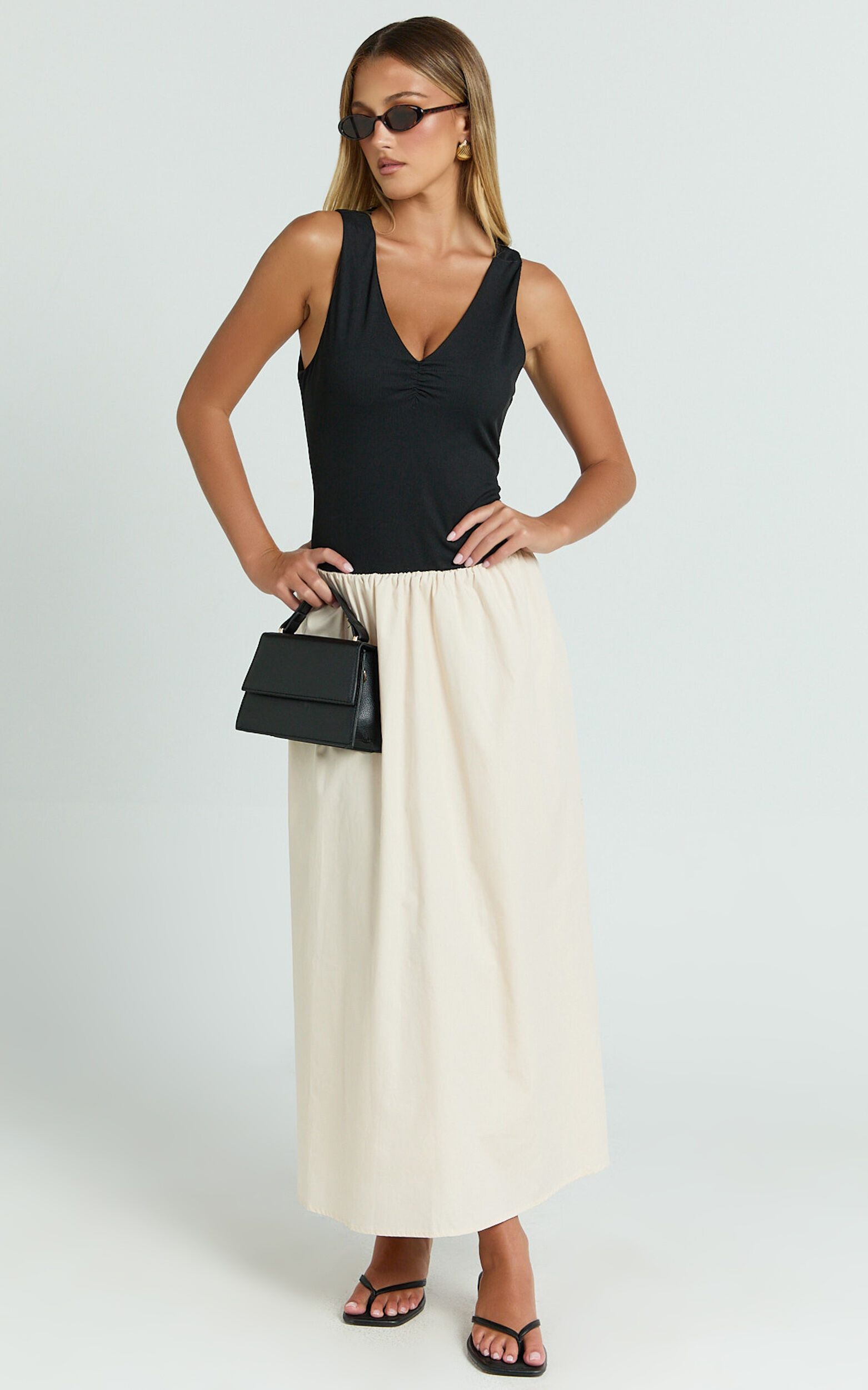 Hermi Midi Dress - Ribbed Bodice V Neck Dress in Cream