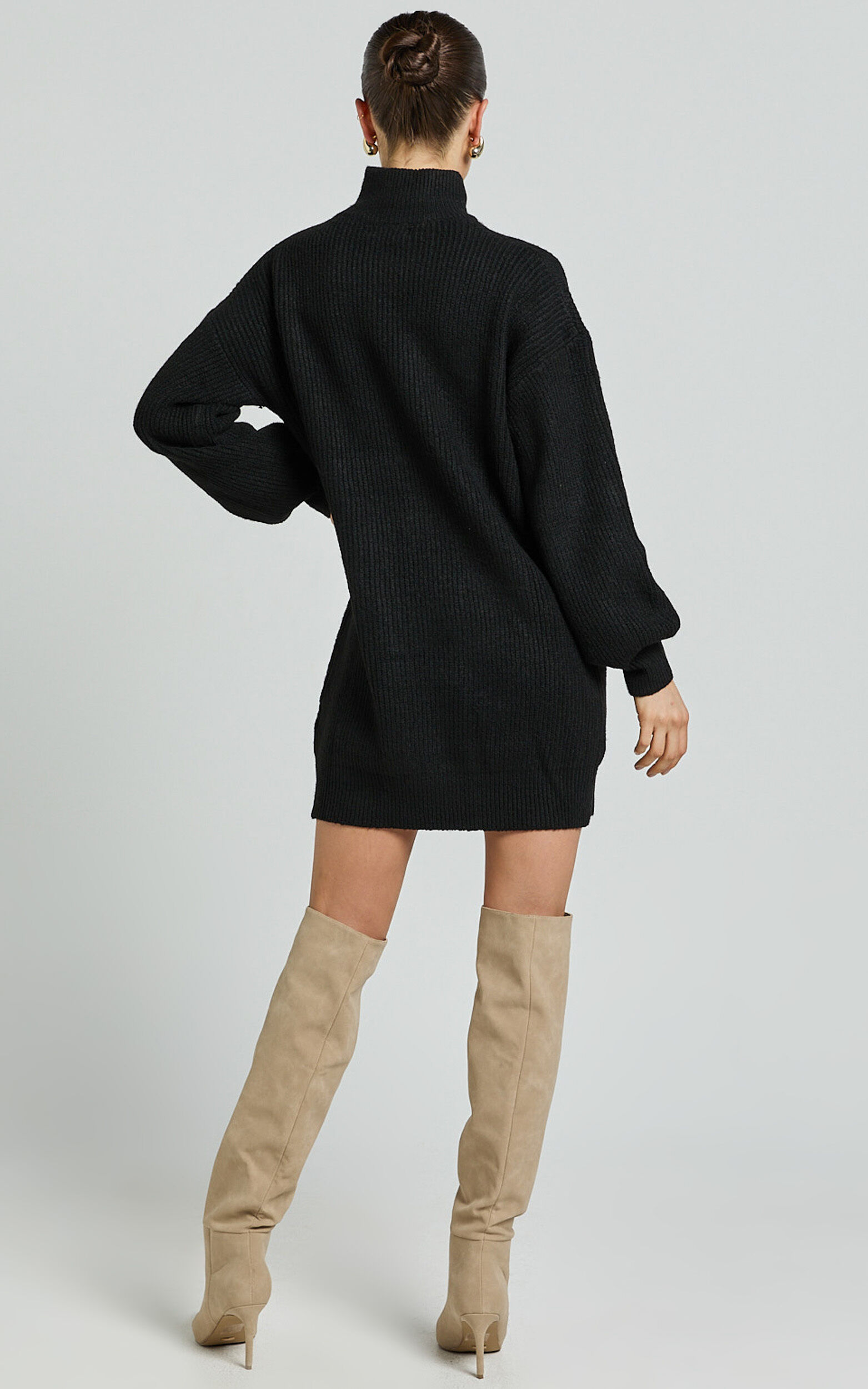 Tianna Mini Dress - Knitted Side Split Jumper Dress in Black