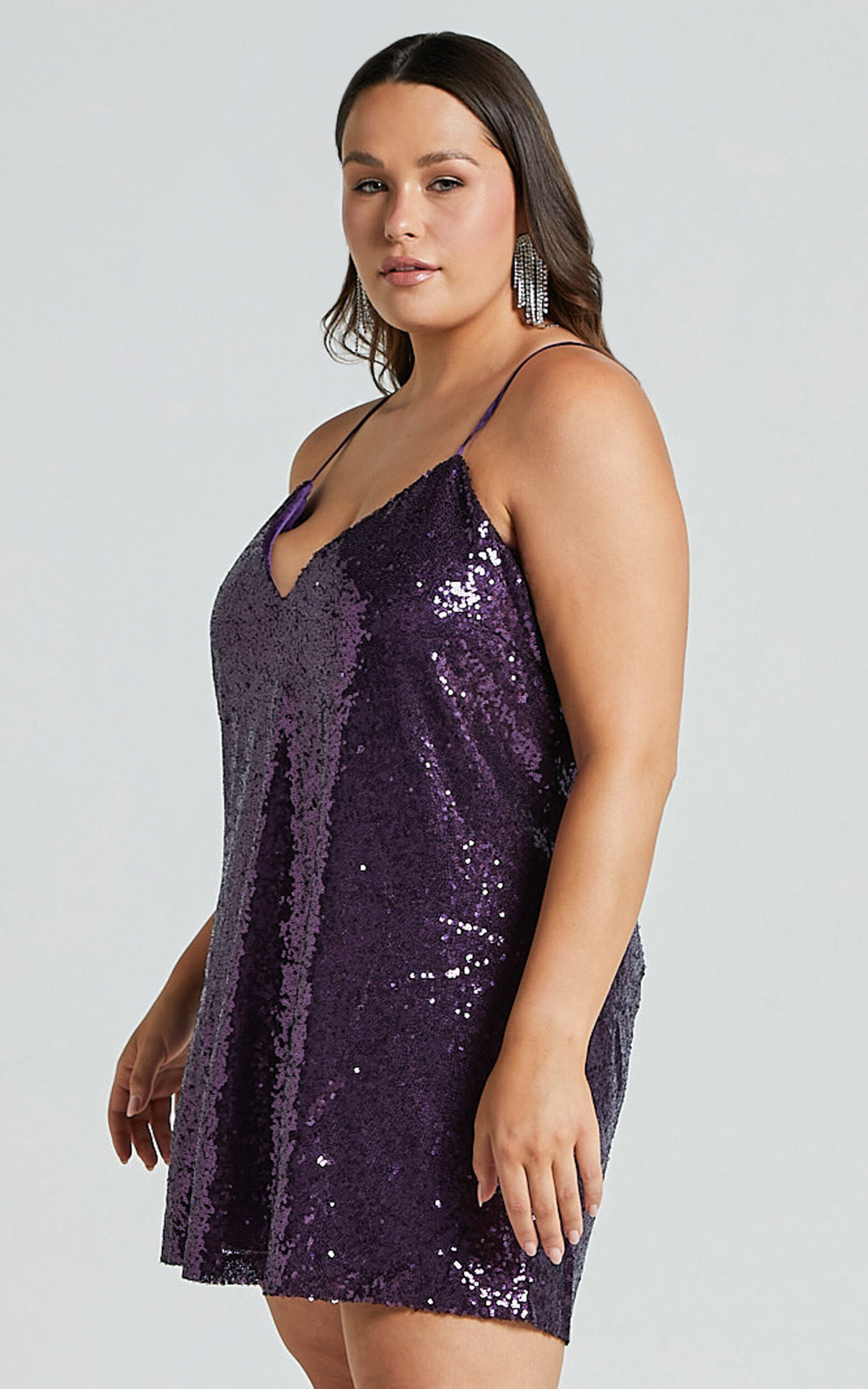 Delilaah Mini Dress - Strappy V Neck Slip Sequin Dress in Purple Sequins