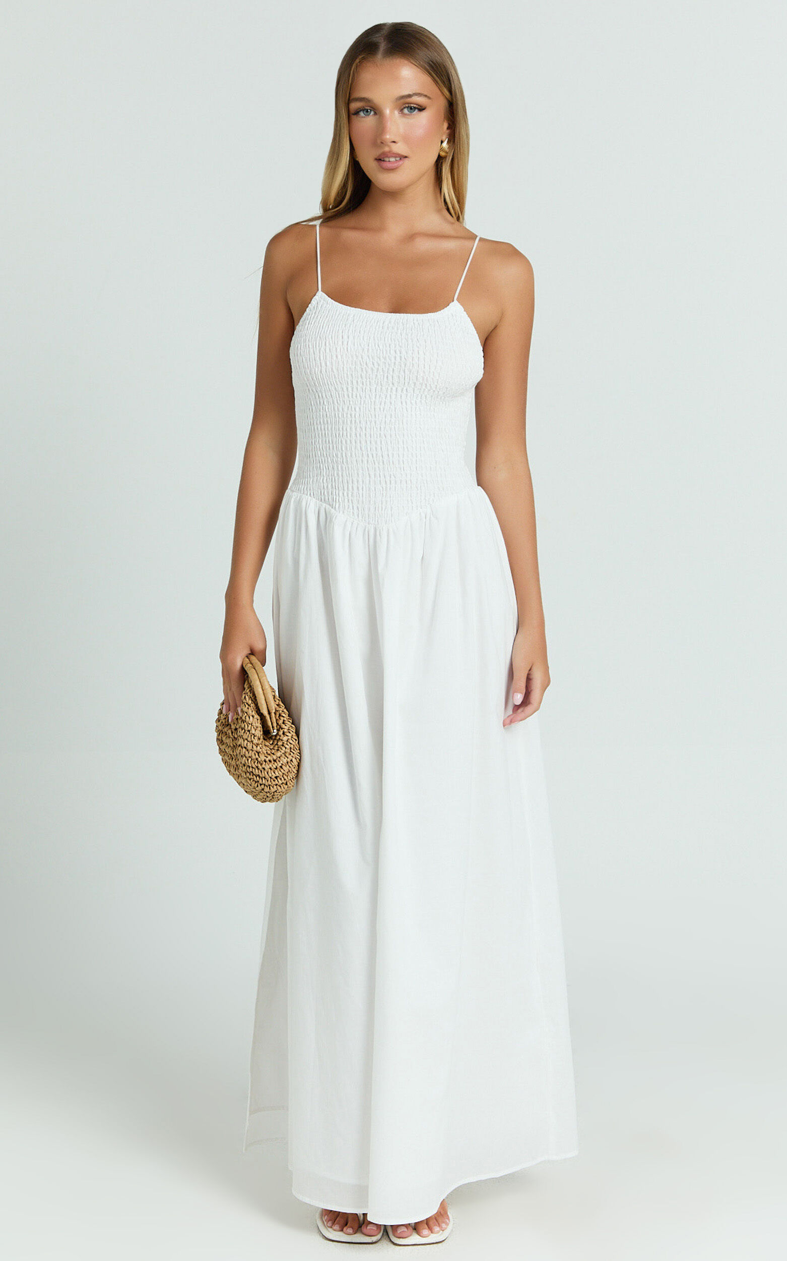 Rammy Maxi Dress - Sleeveless Shirred Dress in White