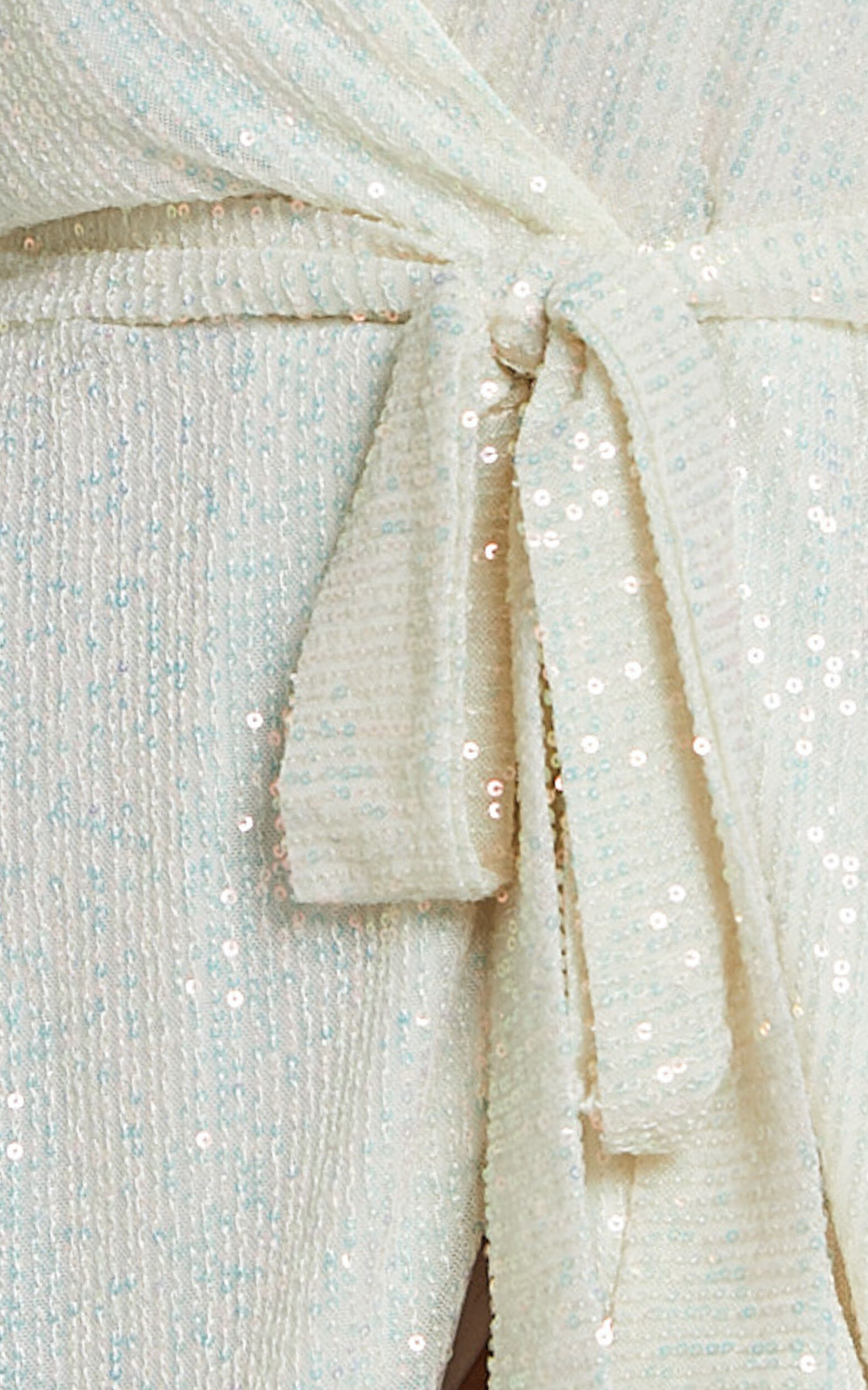 Three Of Us Mini Dress - Long Sleeve Wrap Dress in White Sequin