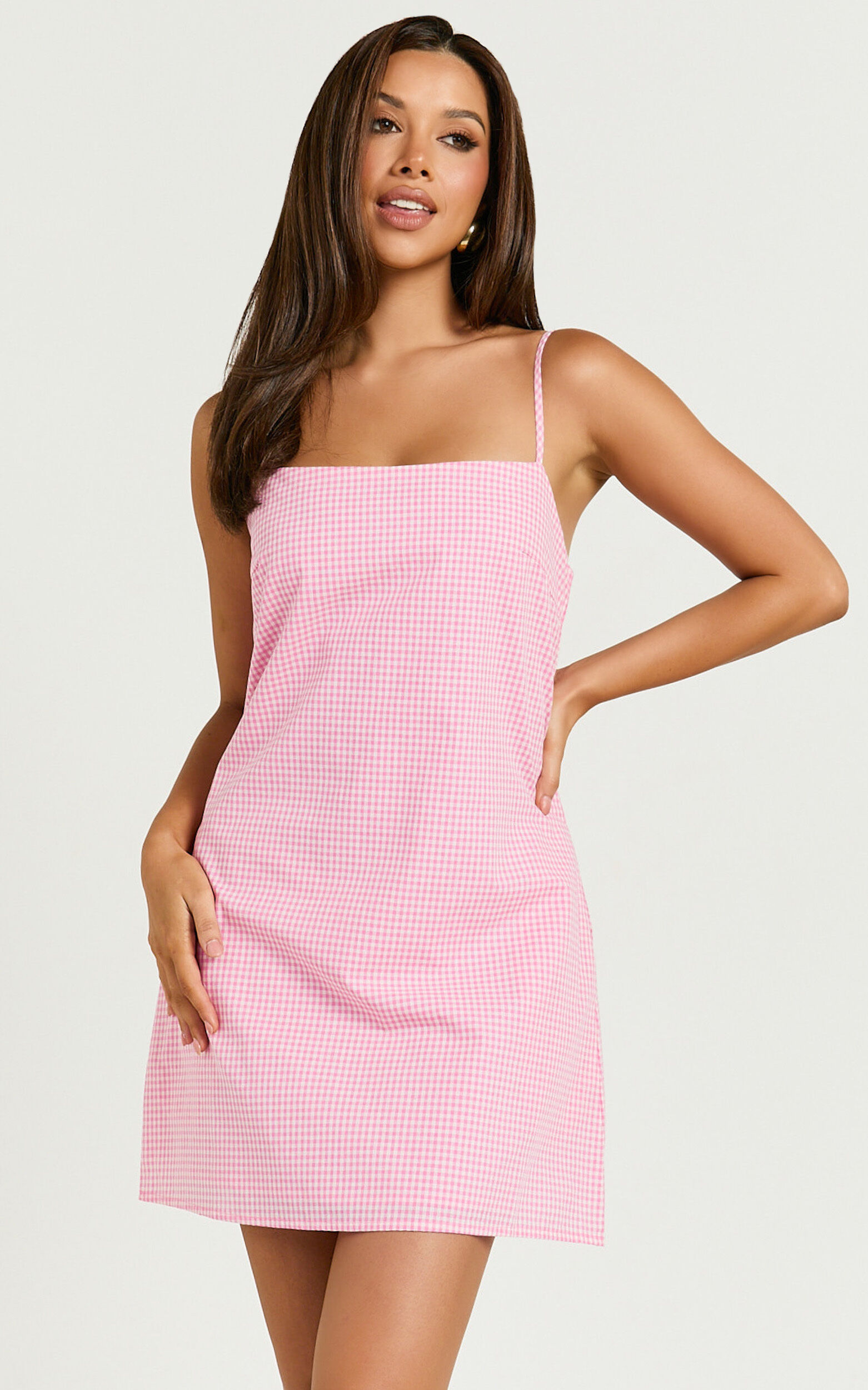 Mavie Mini Linen Dress - Linen Strappy Shift Dress in Pink Gingham