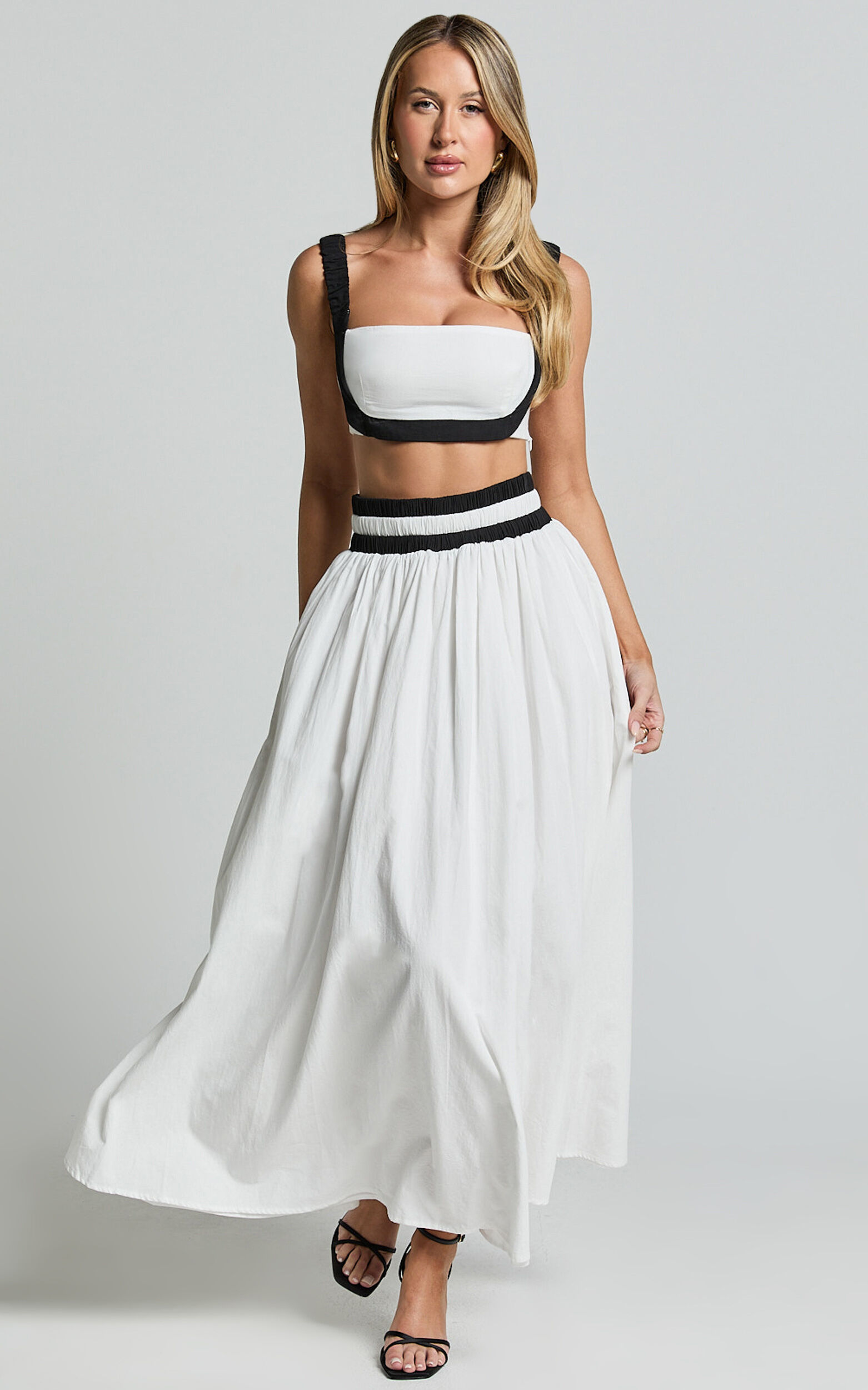 Sapphire Two Piece Set - Contrast Band Crop Top and A Line Maxi Skirt in White & Black