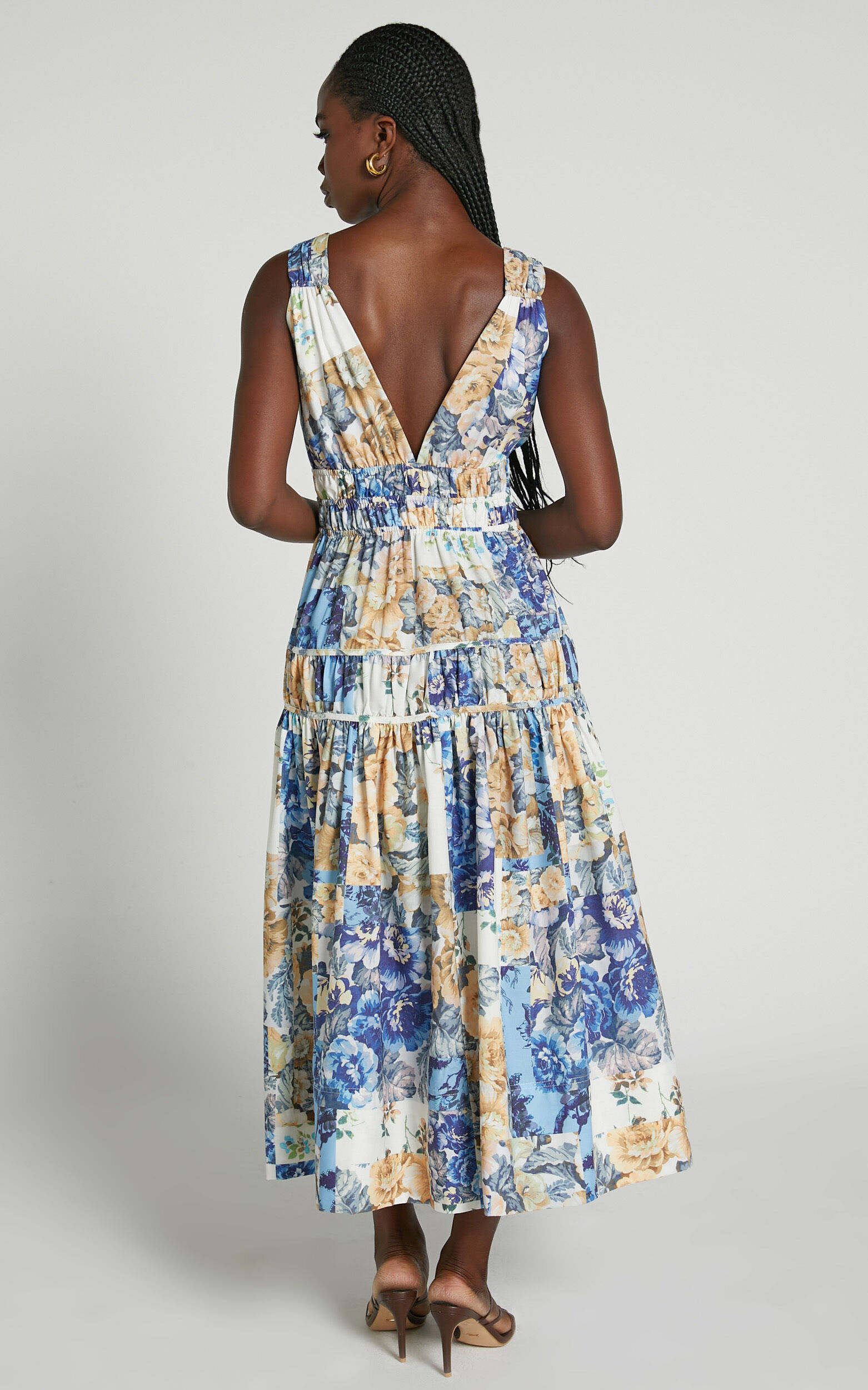 Emily Midi Dress - Plunge Tiered Midi in Patchwork Floral