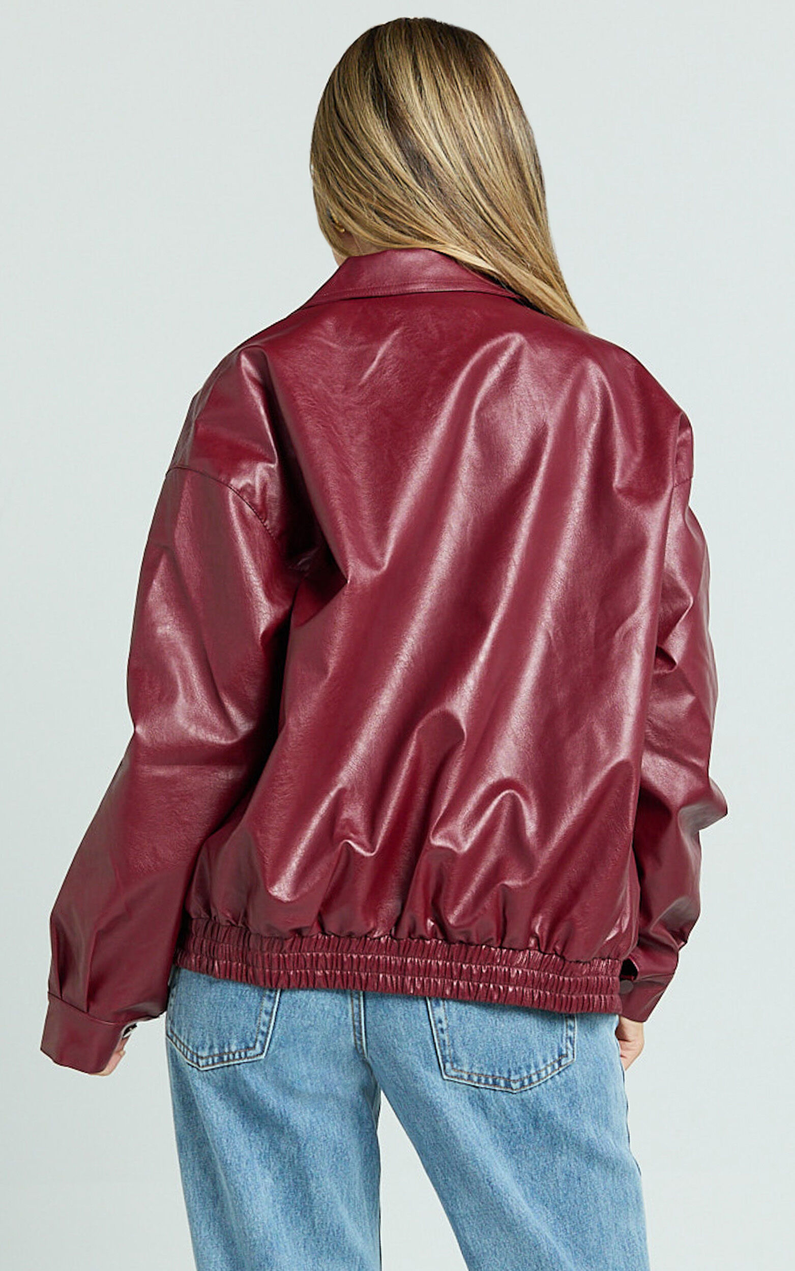 Chloe Jacket - Faux Leather Bomber Jacket in Wine