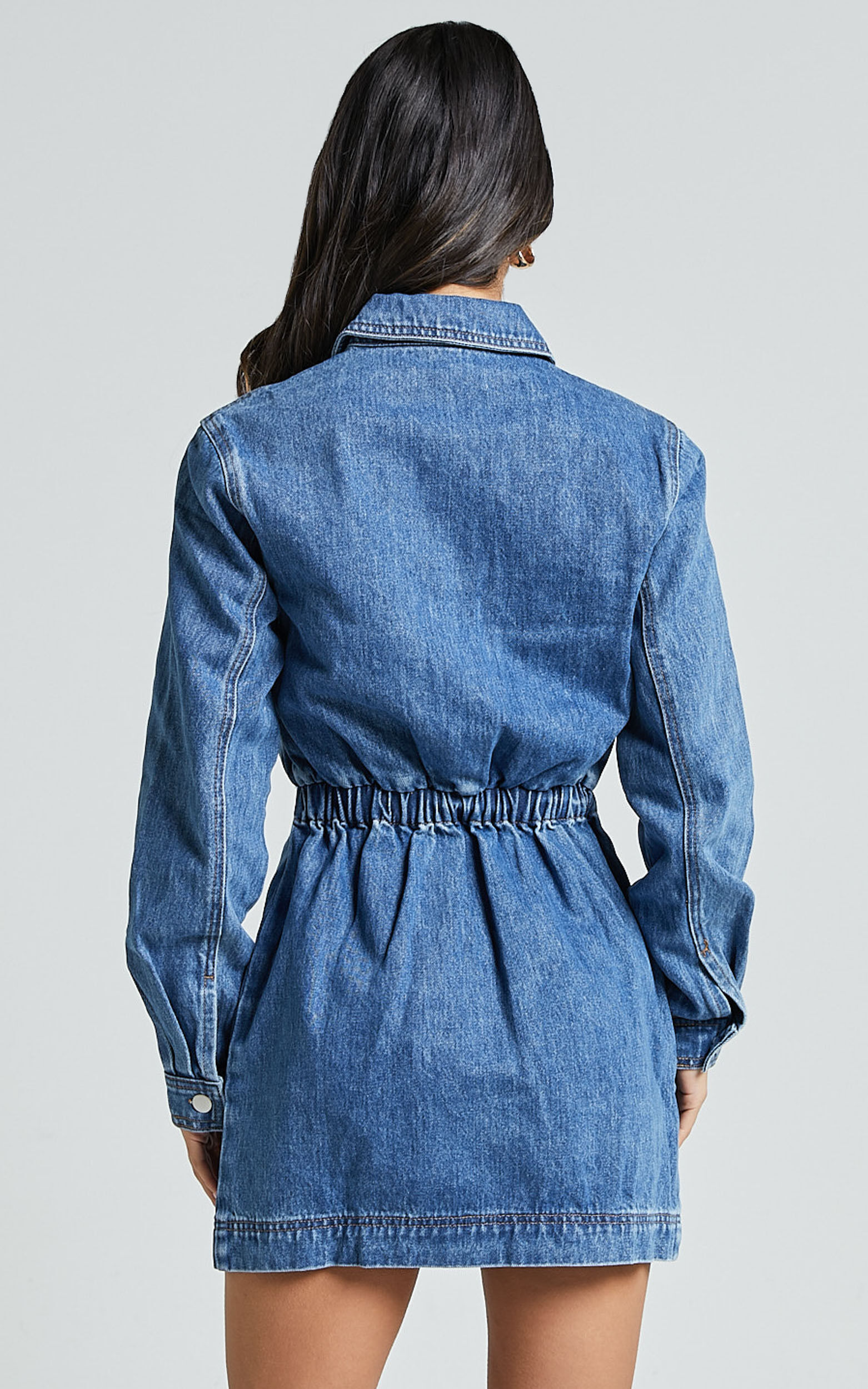 Ainsley Mini Dress - Button Through Long Sleeve Denim Dress in Mid Blue Wash