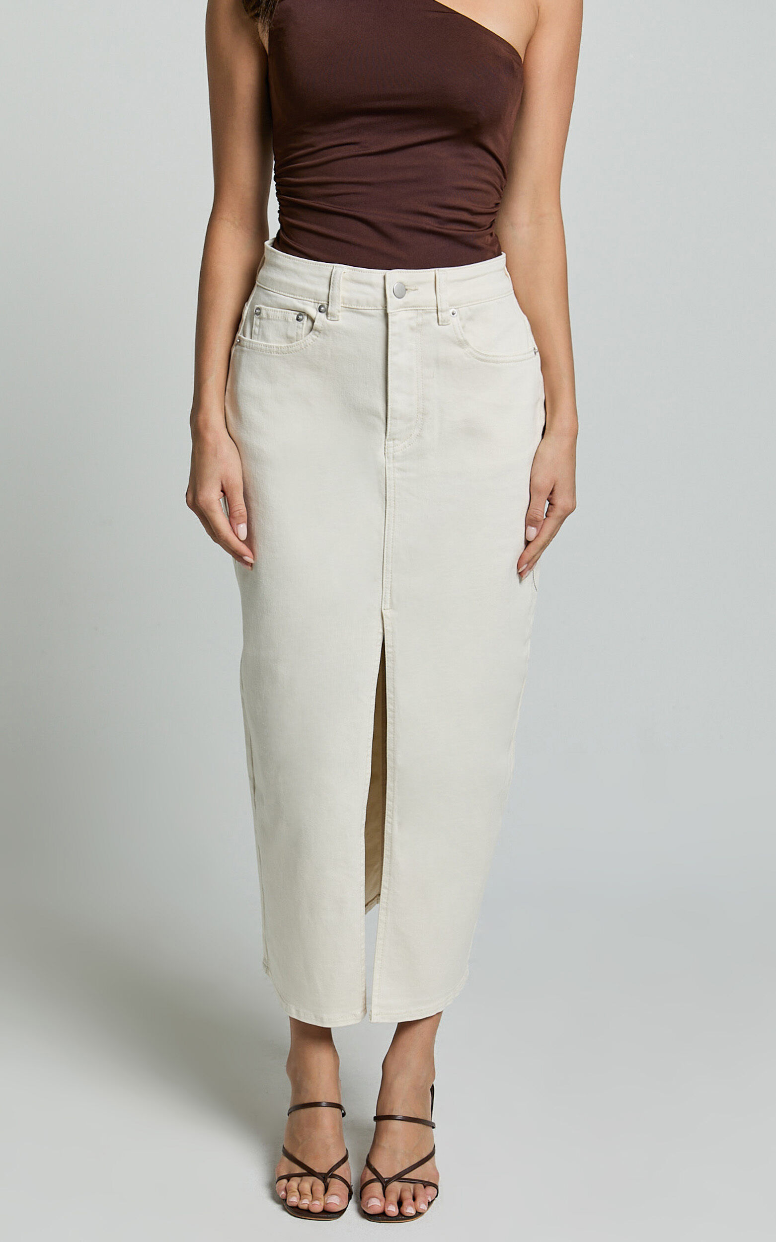 Anaya Midi Skirt - Denim Skirt in Ecru