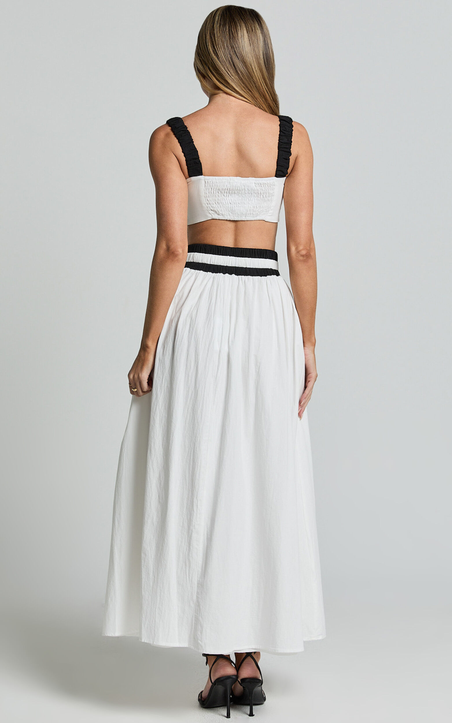 Sapphire Two Piece Set - Contrast Band Crop Top and A Line Maxi Skirt in White & Black