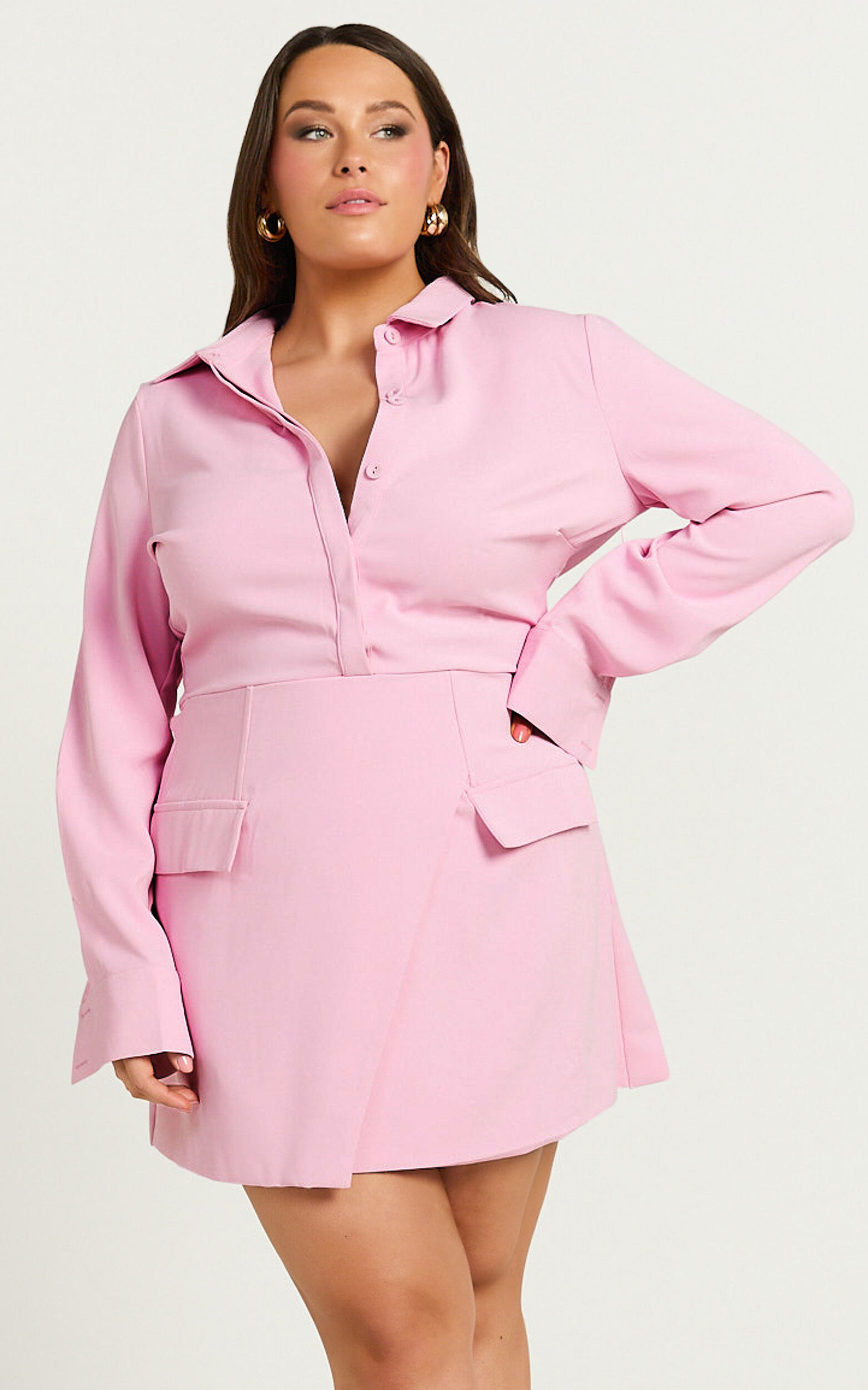 Wanda Mini Dress - Long Sleeve Faux Wrap Dress in Pink