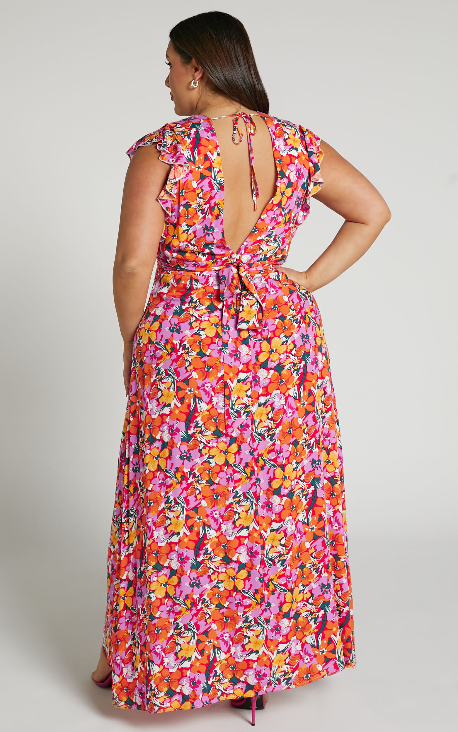 Dyliah Maxi Dress - Thigh Split Frill Shoulder Plunge Neck Dress in Spring Floral