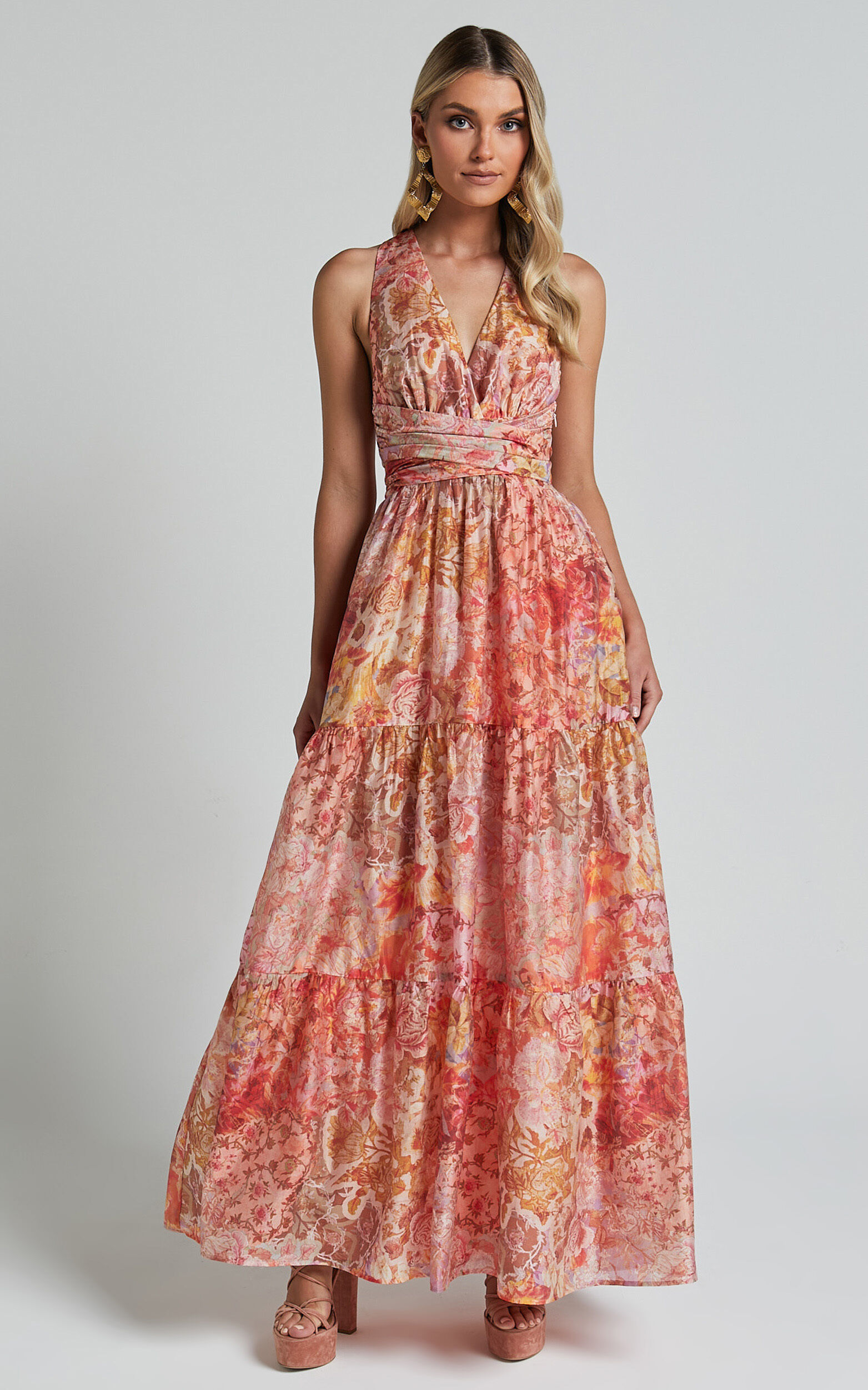 Amalie The Label - Monte Plunge Neck Tie Back Tiered Maxi Dress in Morocco Print