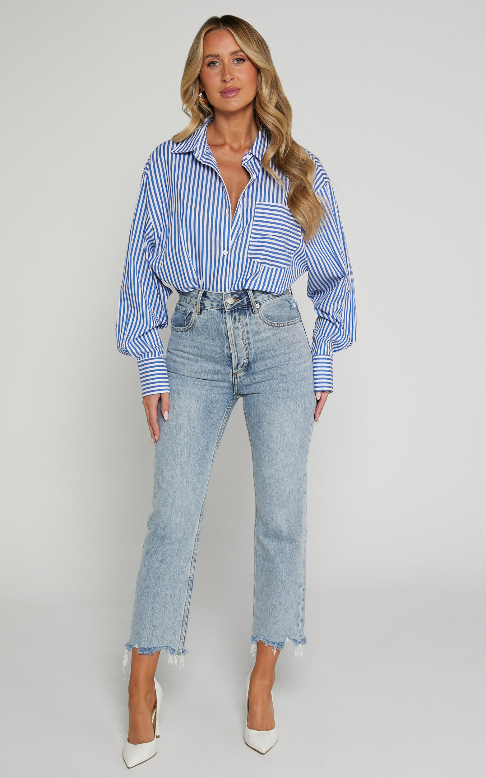 Zelrio Jeans - High Waisted Recycled Cotton Cropped Denim Jeans in Mid Blue Wash