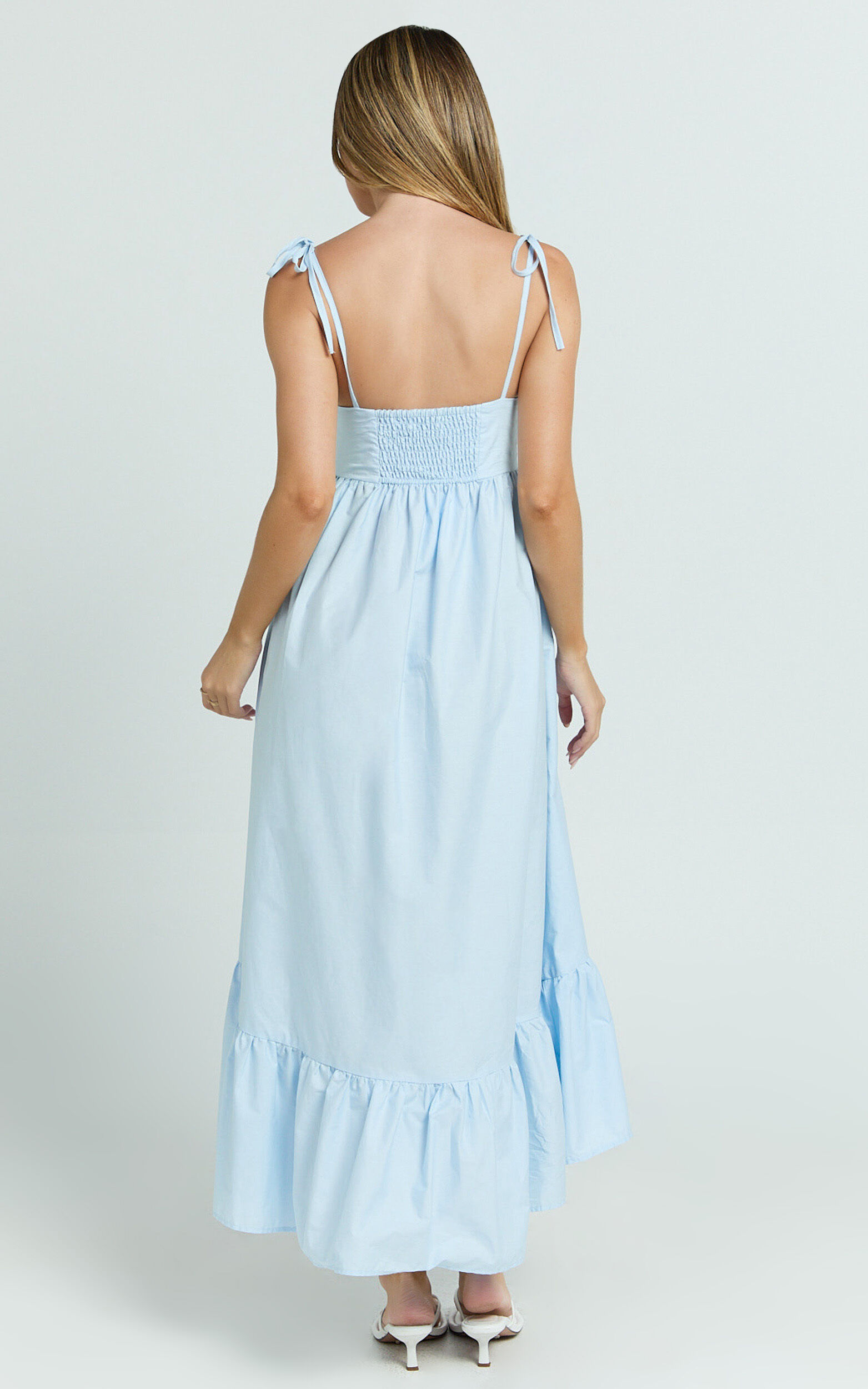 Aveiro Midi Dress - Straight Neck Shoulder Tie High Low Ruffle Hem in Soft Blue