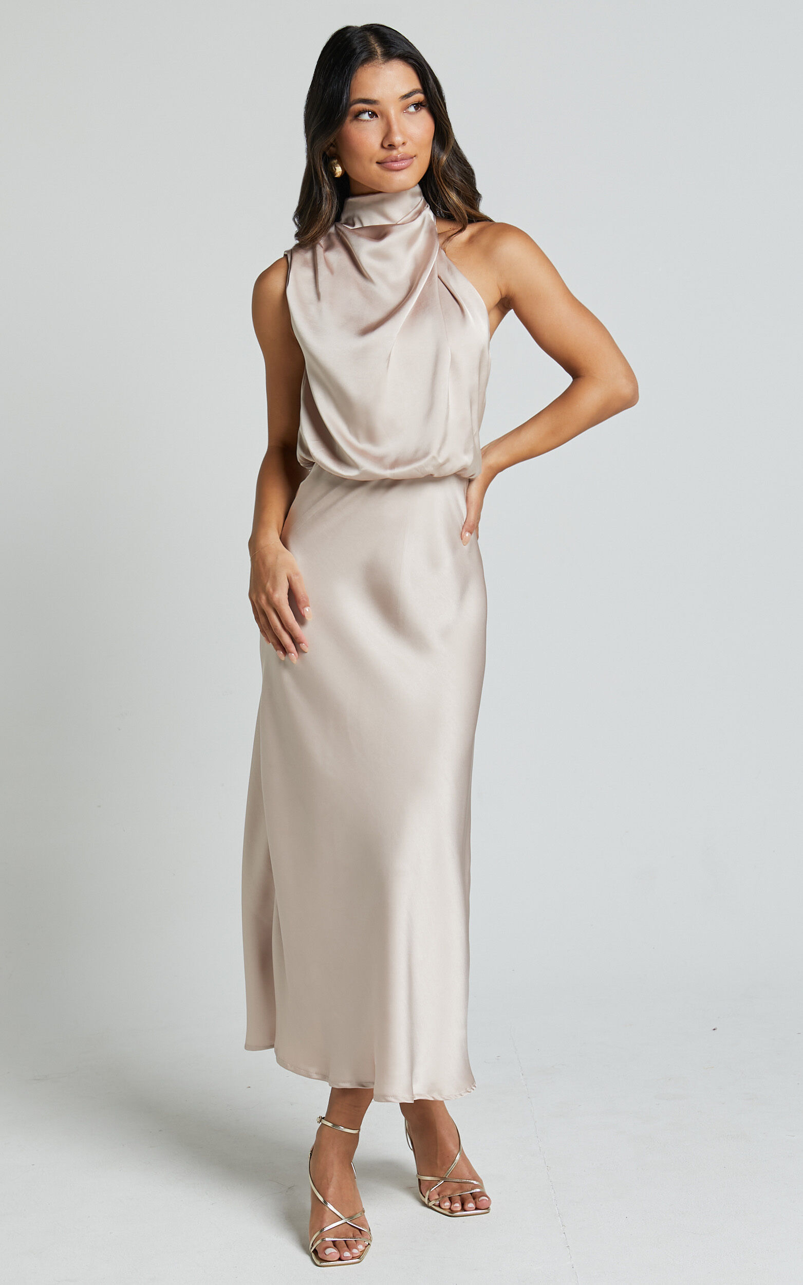 Minnie Midi Dress - Drape Neck Satin Slip Dress in Champagne
