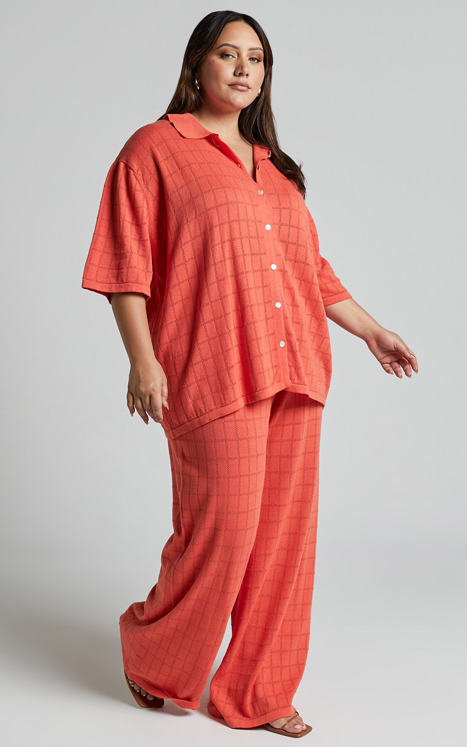 Tommy Two Piece Set - Knit Button Through Top and Pants Two Piece Set in Coral