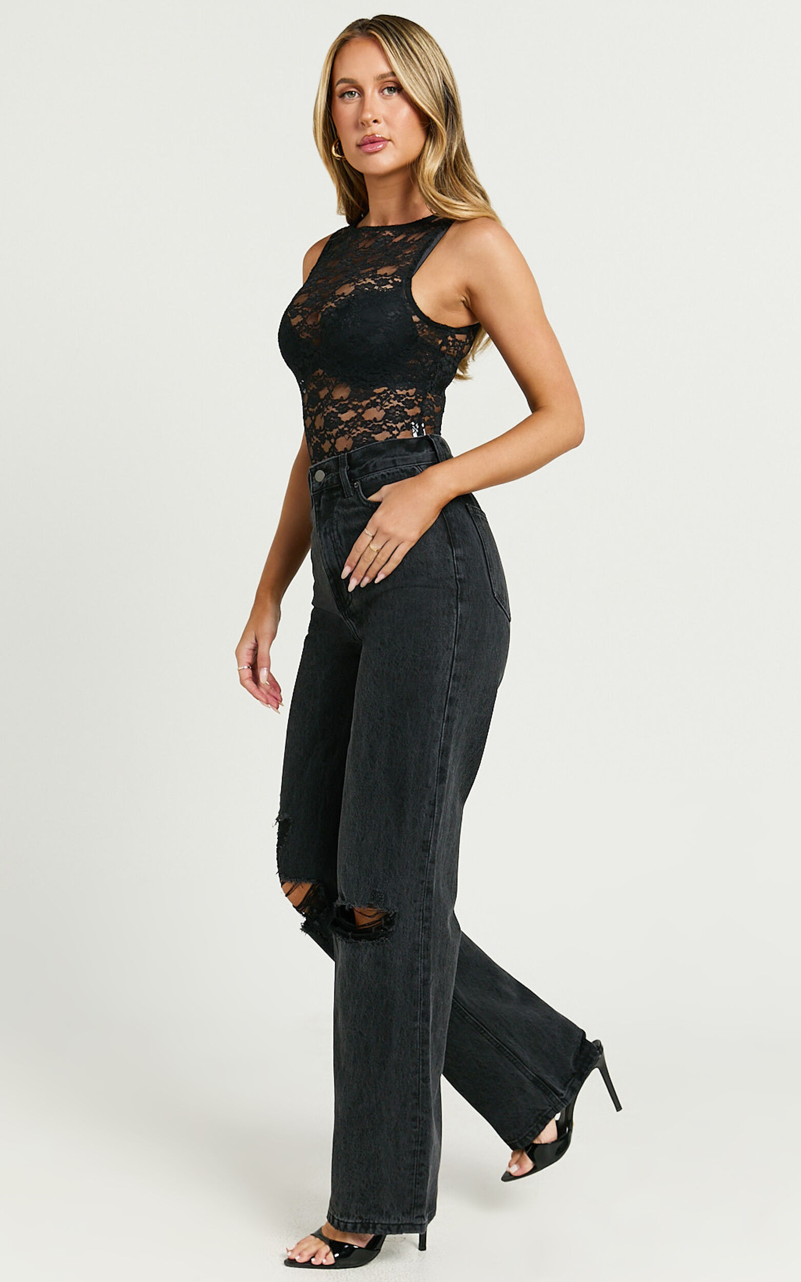 Miho Jeans - High Waisted Recycled Cotton Distressed Straight Leg Denim Jeans in Washed Black