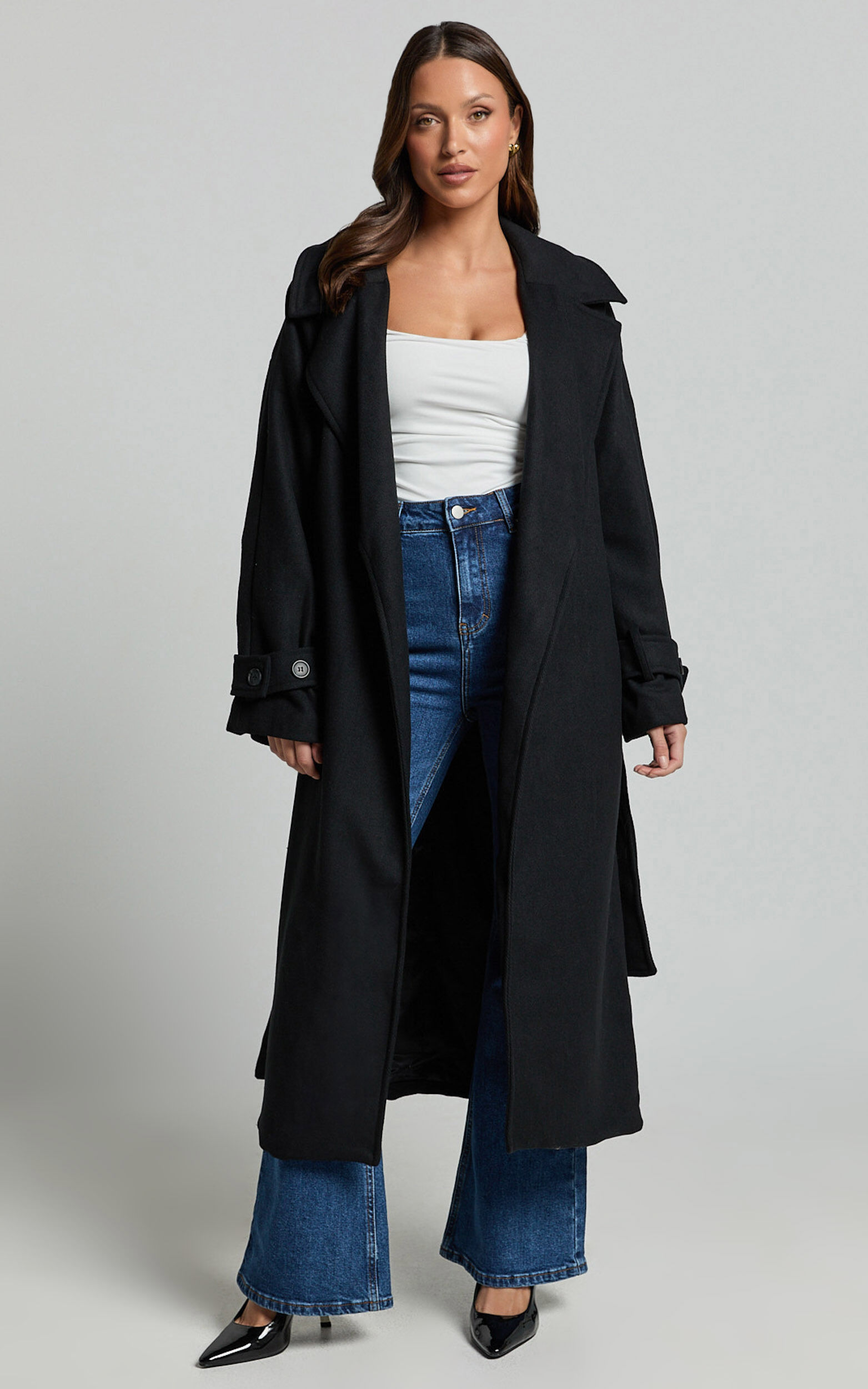 Mella Coat - Belted Longline Coat in Black