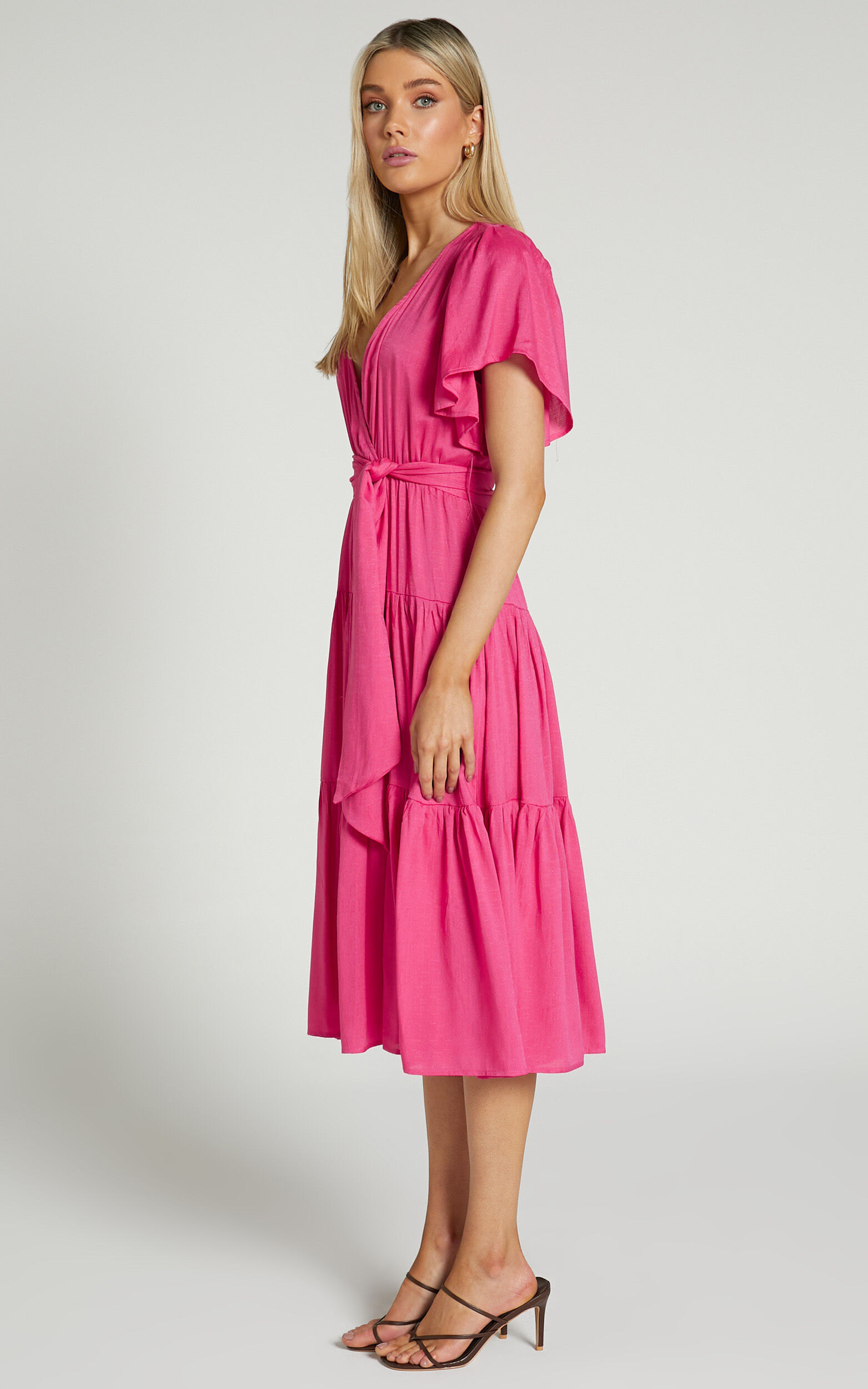 Marielle Midi Dress - Wrap Bodice Tiered Belted Dress in Pink