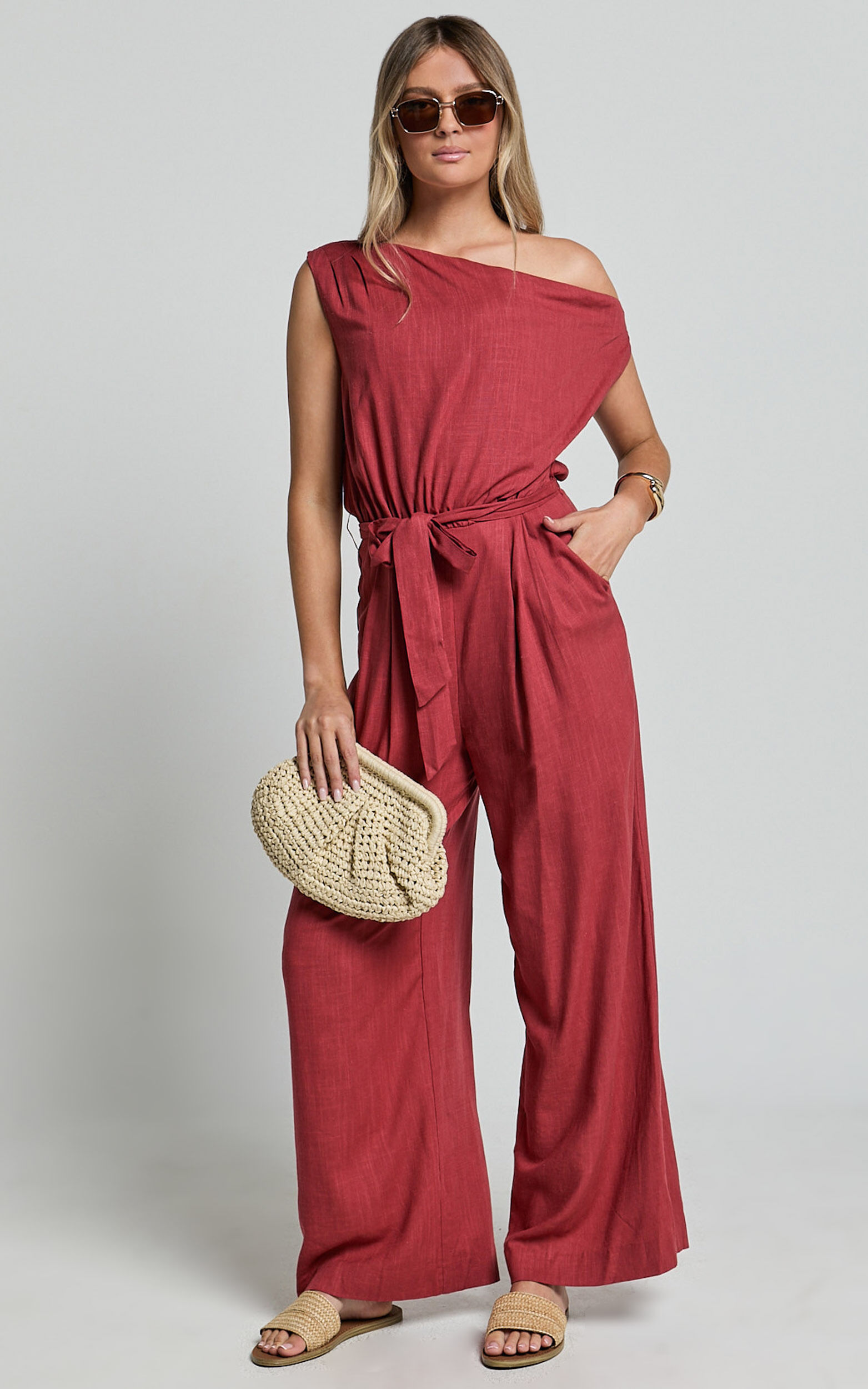 Adria Jumpsuit - Asymmetrical Short Sleeve Linen Jumpsuit in Clay