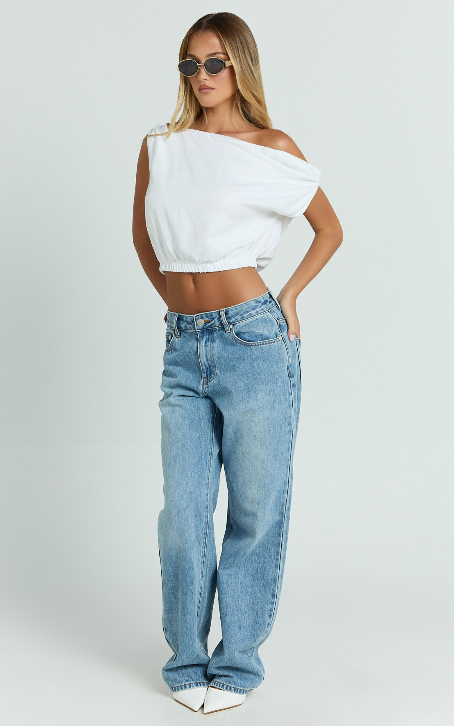Collins Linen Top - Draped Asymmetrical Neckline Top in White