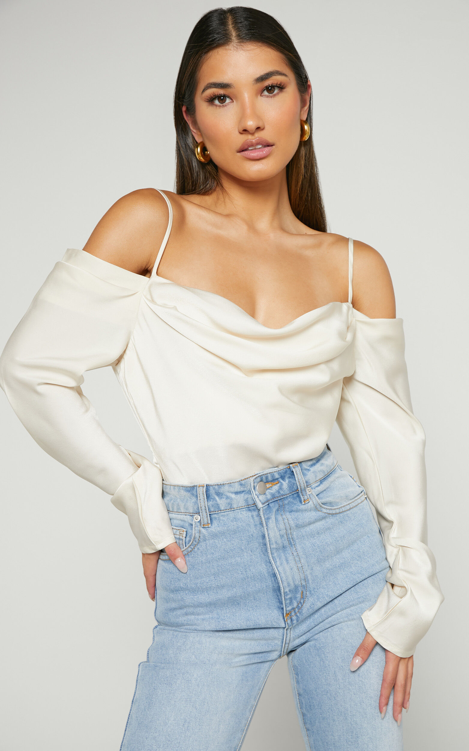 Julian Top - Off Shoulder Long Sleeve Cowl Neck Top in Ivory
