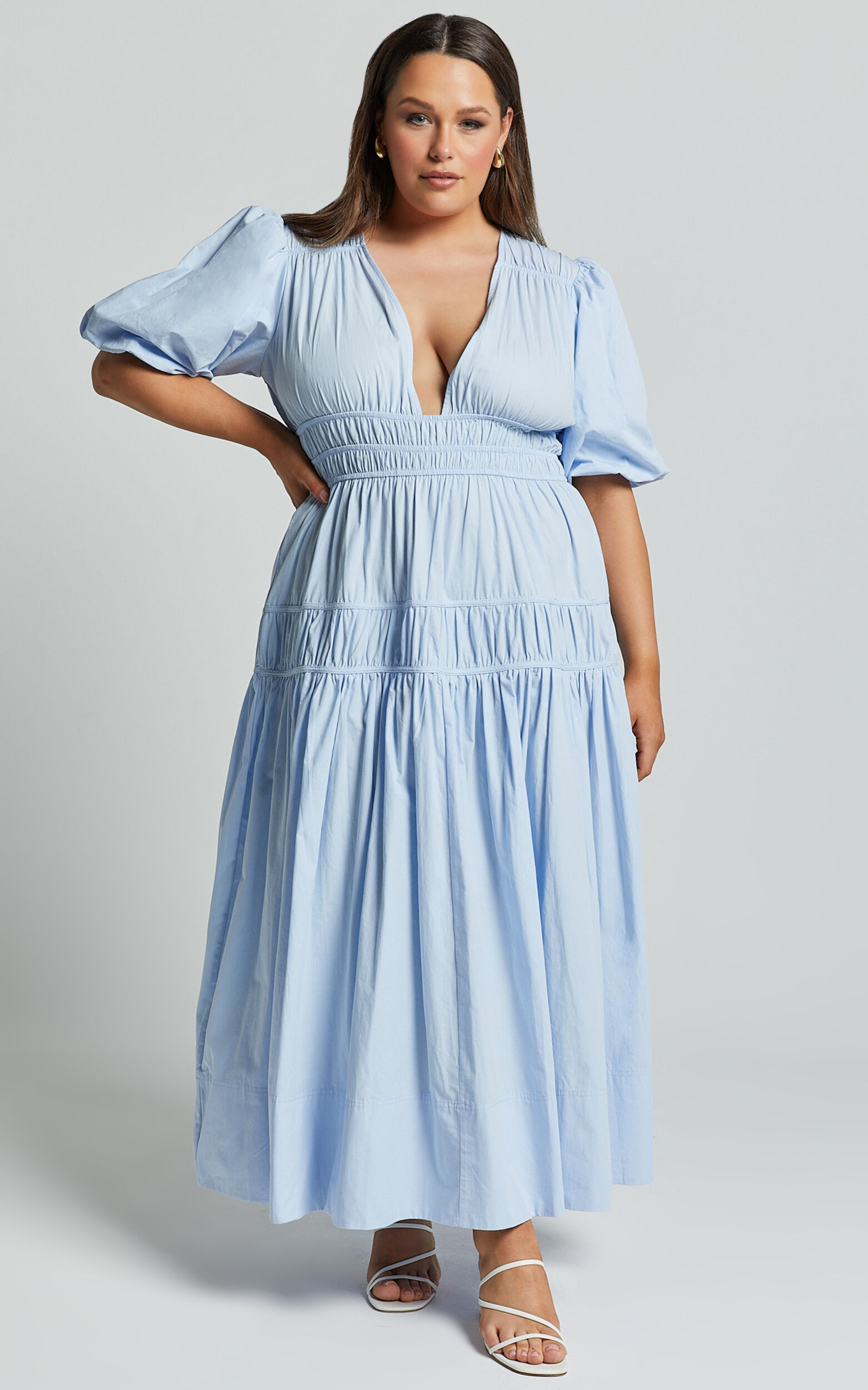 Mellie Midi Dress - Puff Sleeve Plunge Tiered Dress in Soft Blue