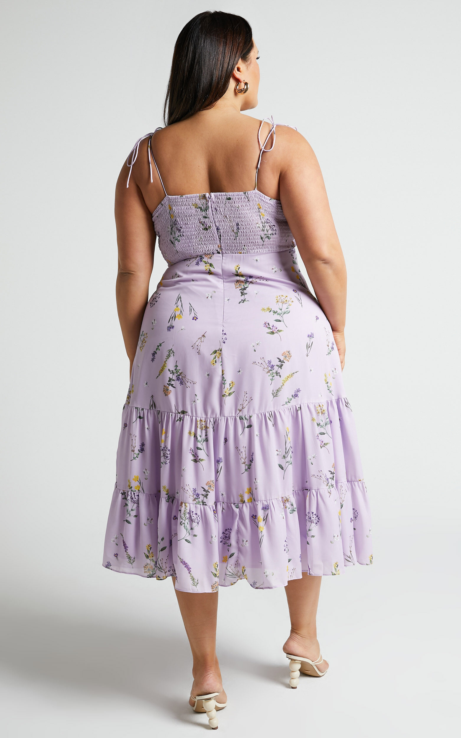 Monaco Midi Dress - Strappy Sweetheart Tiered Dress in Lavender Botanical Floral