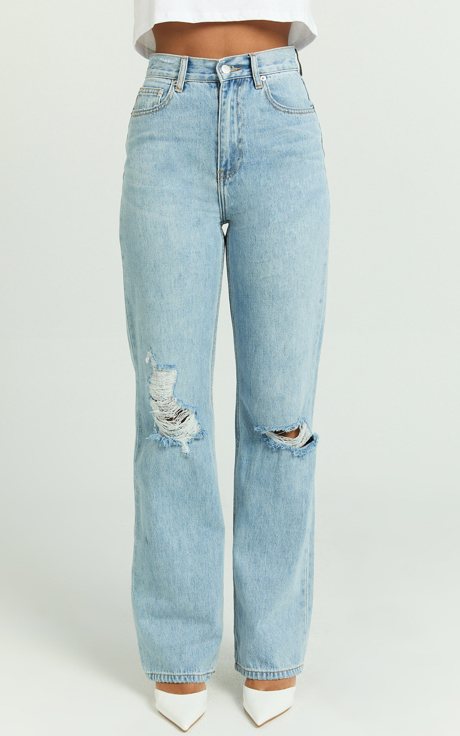 Miho Jeans - High Waisted Recycled Cotton Distressed Straight Leg Denim Jeans in Mid Blue Wash