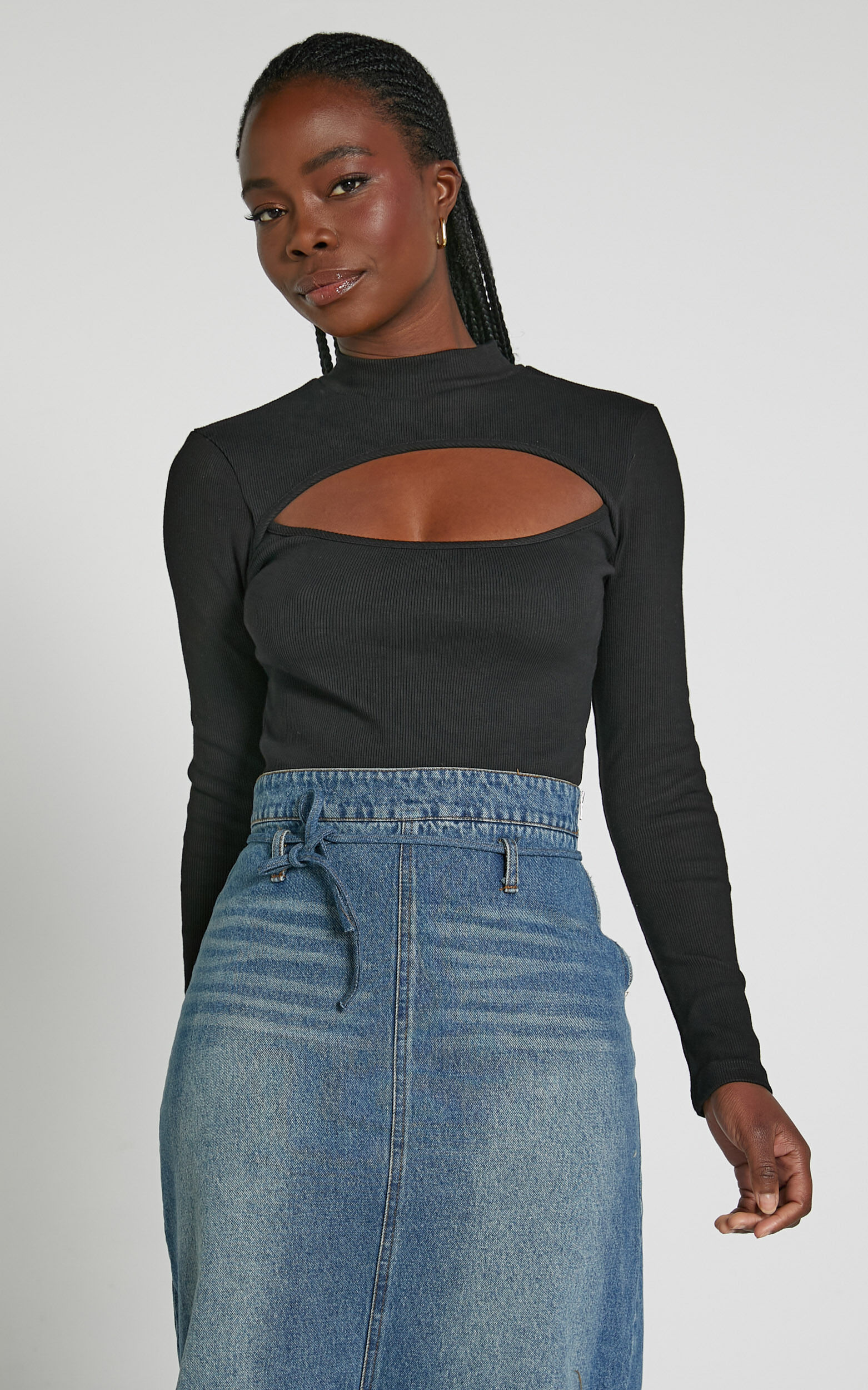 Cynlee Bodysuit - Cut Out Long Sleeve Bodysuit in Black