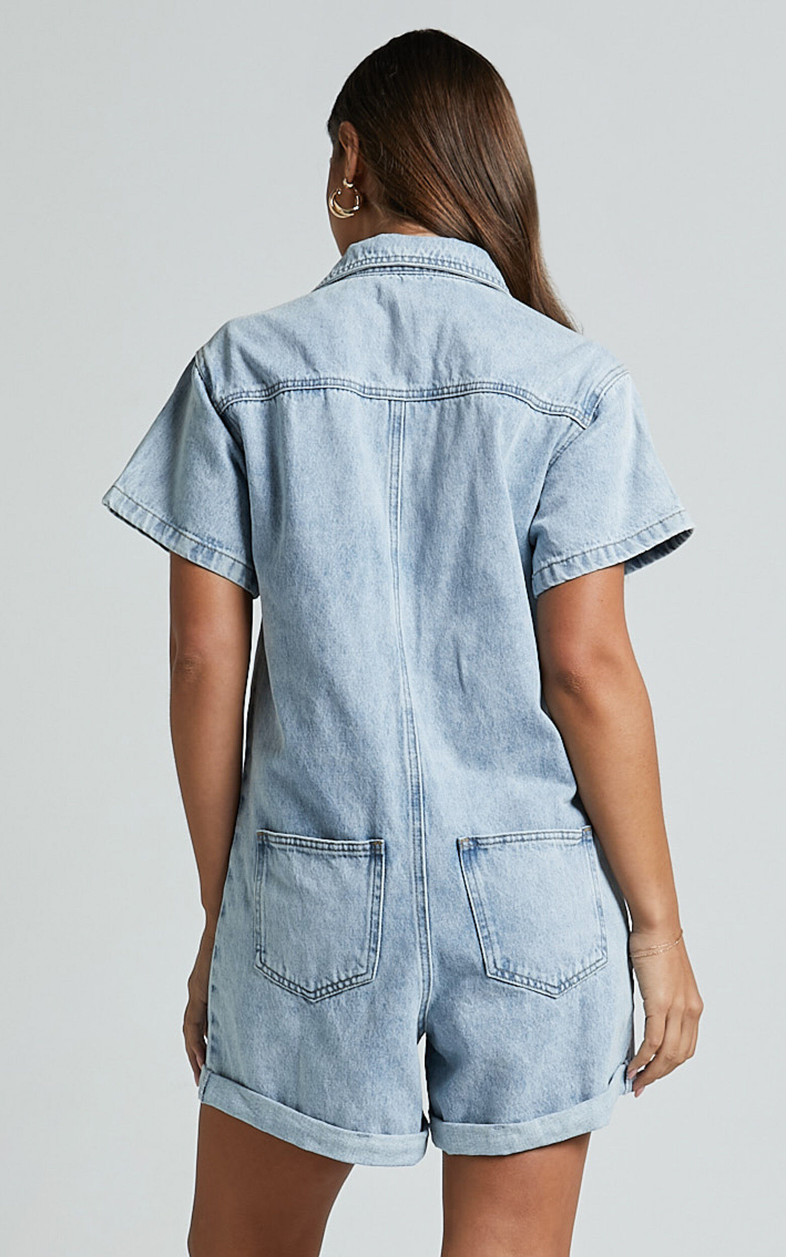 Reid Playsuit - Button Through Denim Playsuit in Light Blue Wash