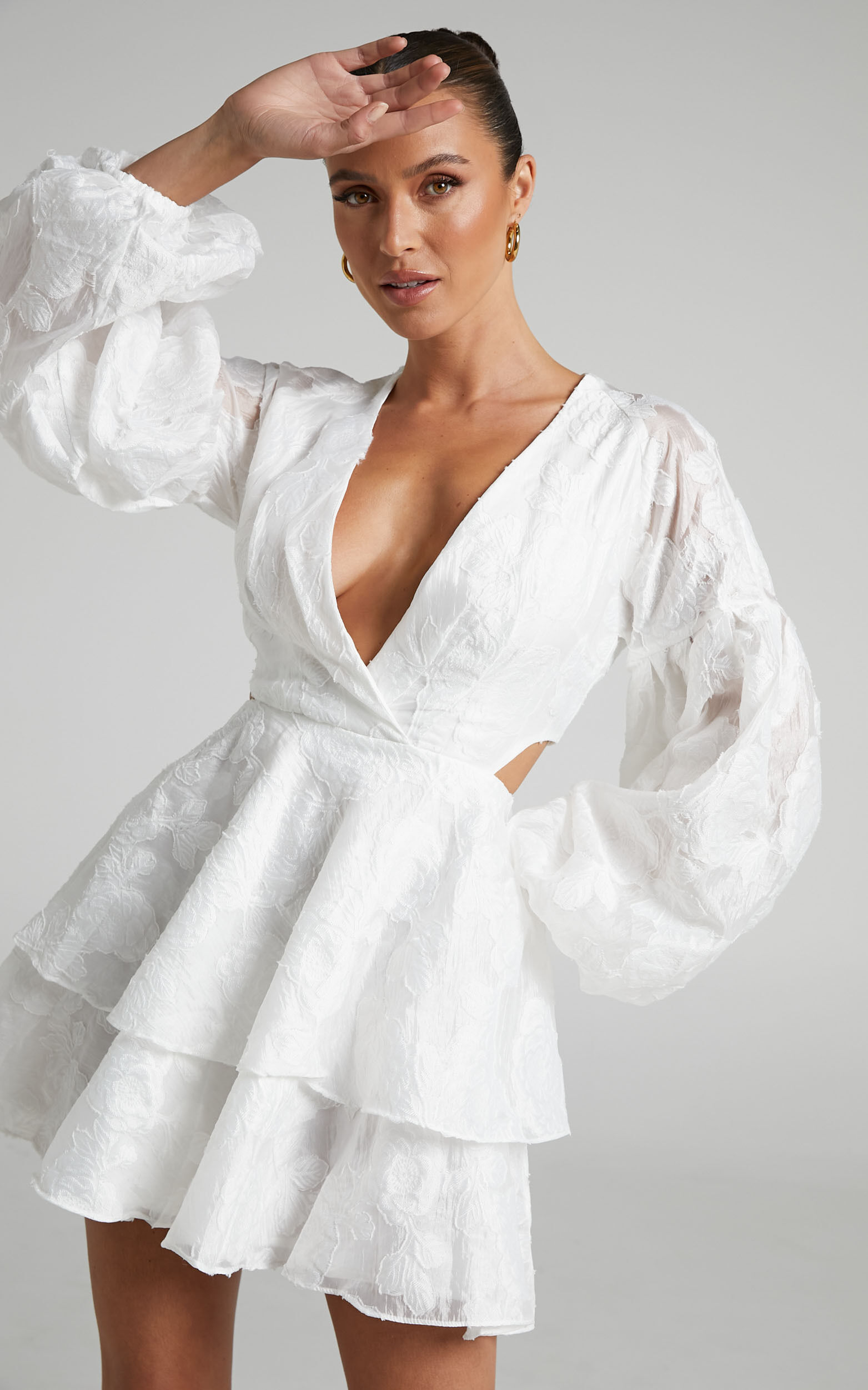 Allea Mini Dress - V Neck Balloon Sleeve Tiered Jacquard Dress in White