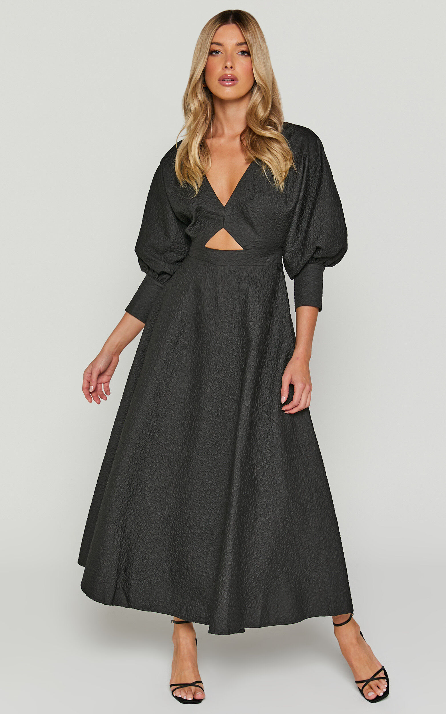 Ashtina Midi Dress - V Neck Cut Out Puff Sleeve Dress in Black