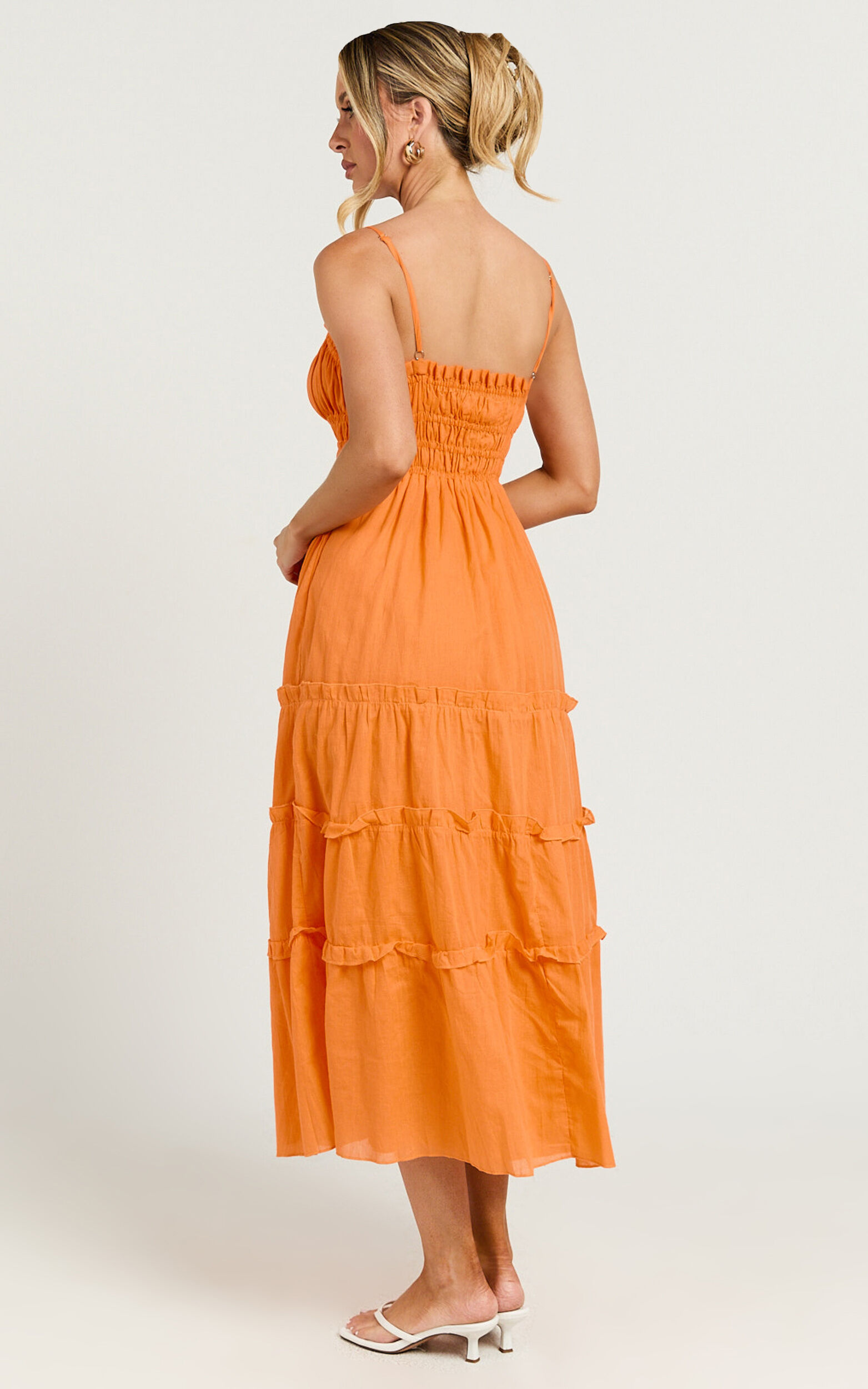 Schiffer Midi Dress - Strappy Ruched Tie Front Tiered Dress in Mandarin