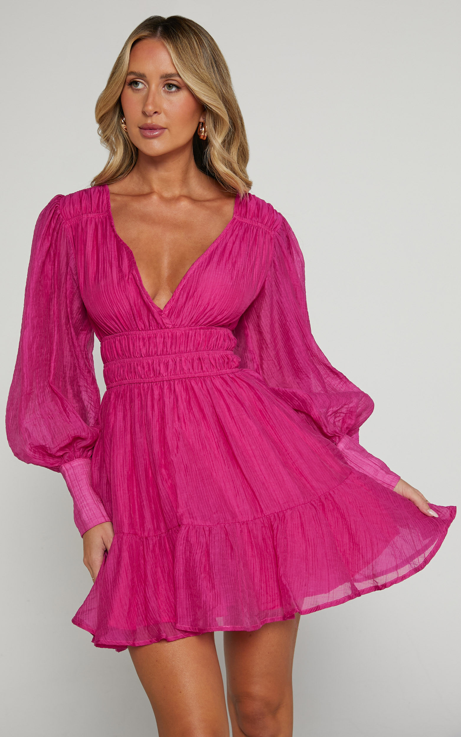 Phillipa Mini Dress - V Neck Dress in Hot Pink
