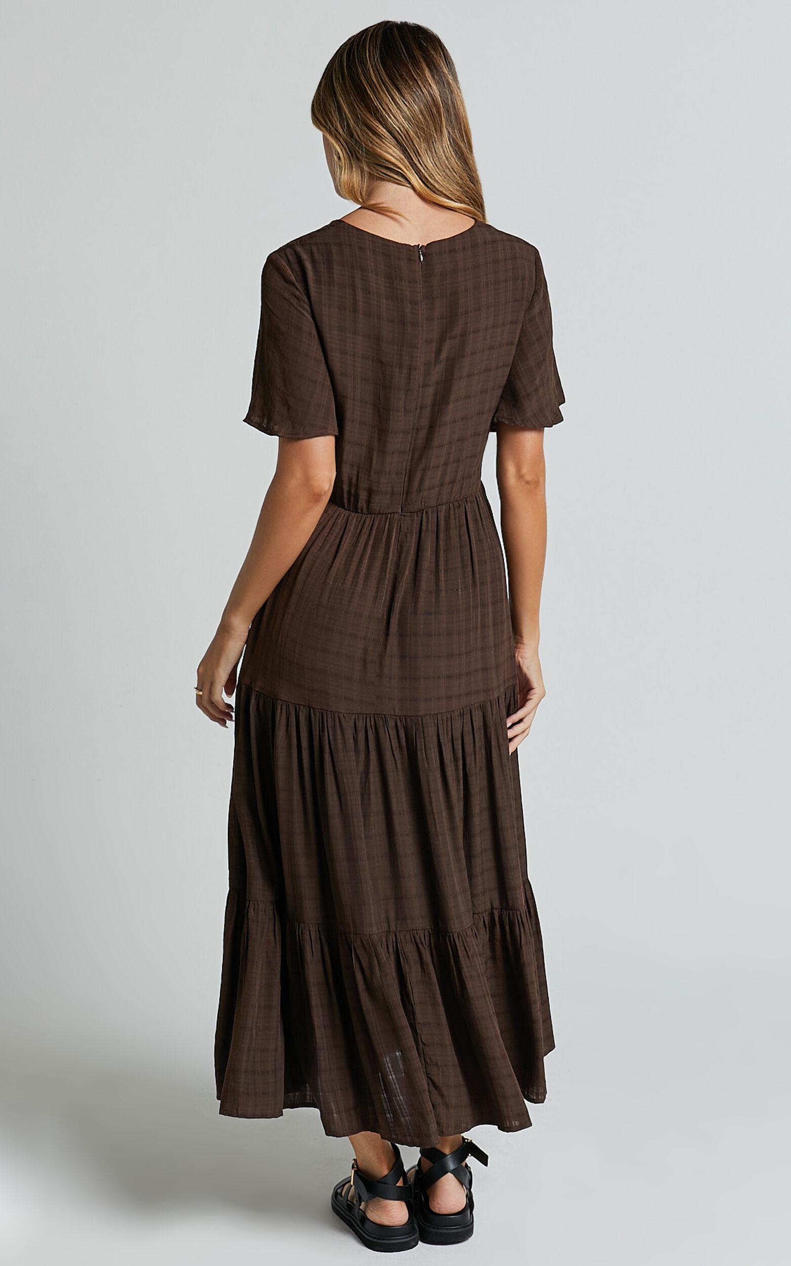 Cryzel Midi Dress - Flutter Sleeve Tiered Dress in Chocolate