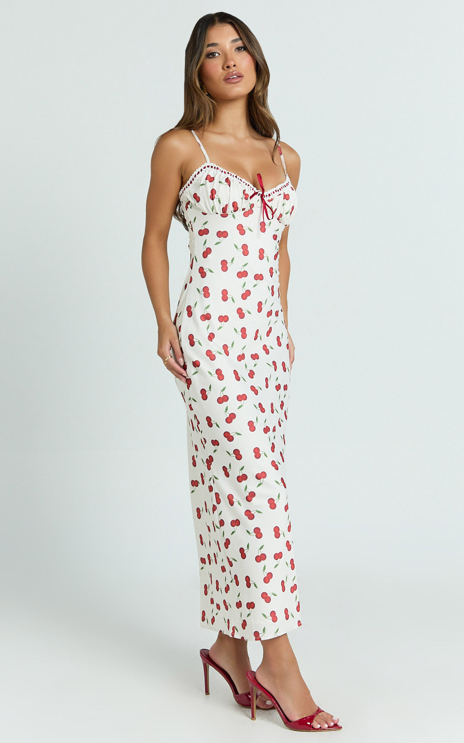 Bailey Midi Dress - Recycled Cherry Print Lace Trim Bias Cut Slip Dress in Blushing Cherries Print