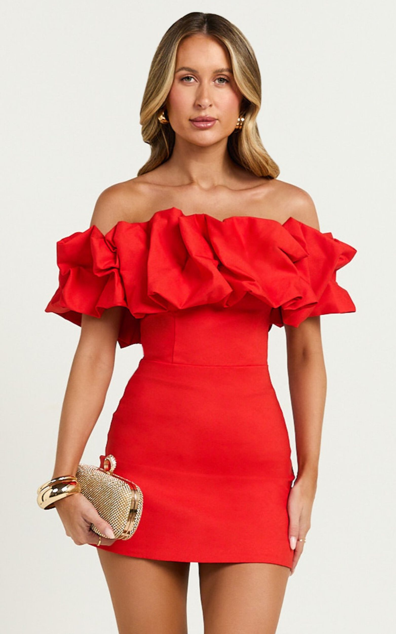Coraline Mini Dress - Ruffle Off Shoulder Fitted Dress in Red