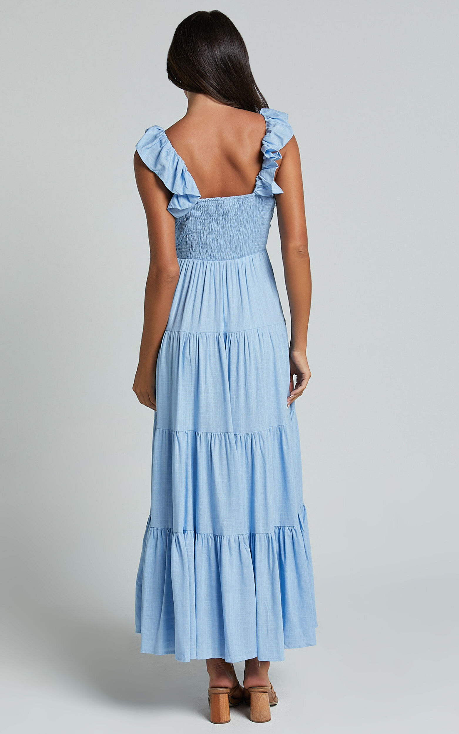 Nicollee Midi Linen Dress - Plunge Neck Sleeveless Tiered Dress in Blue