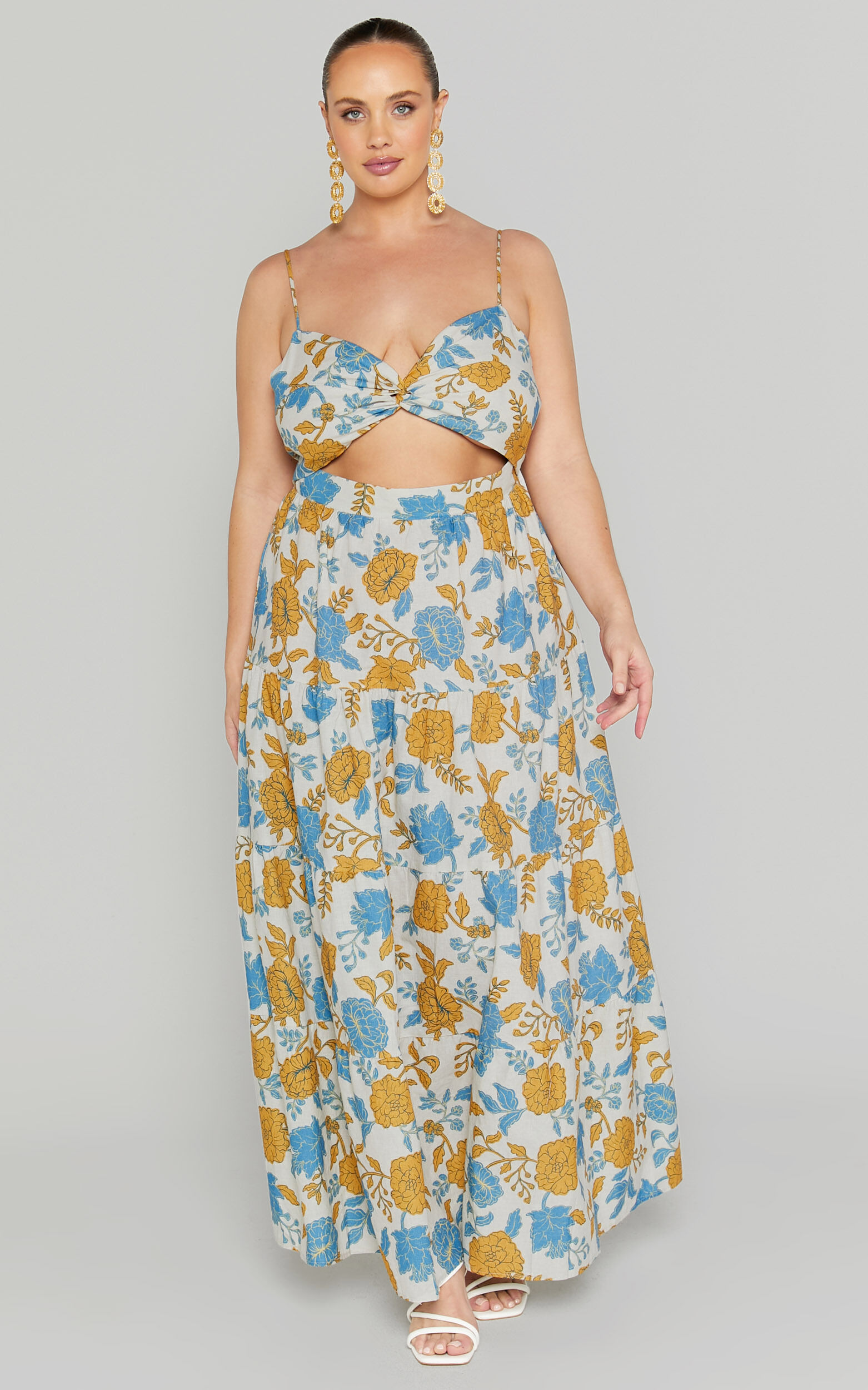 Amalie The Label - Emerita Linen Blend Sweetheart Twist Front Tie Back Midi Dress in Valencia Floral