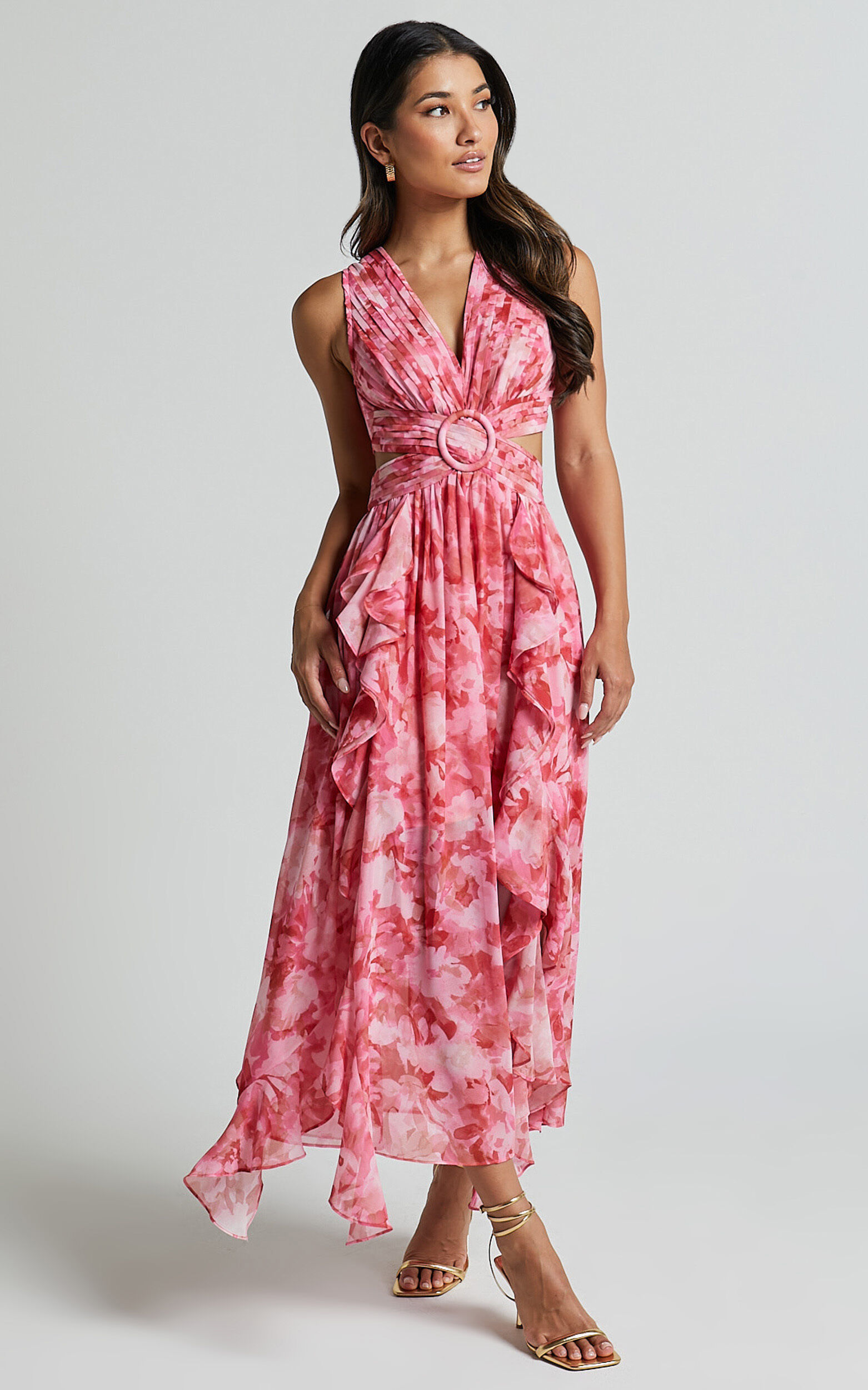 Marga Maxi Dress - Plunge Ruffle Detail Cut Out Dress in Petal Paradise