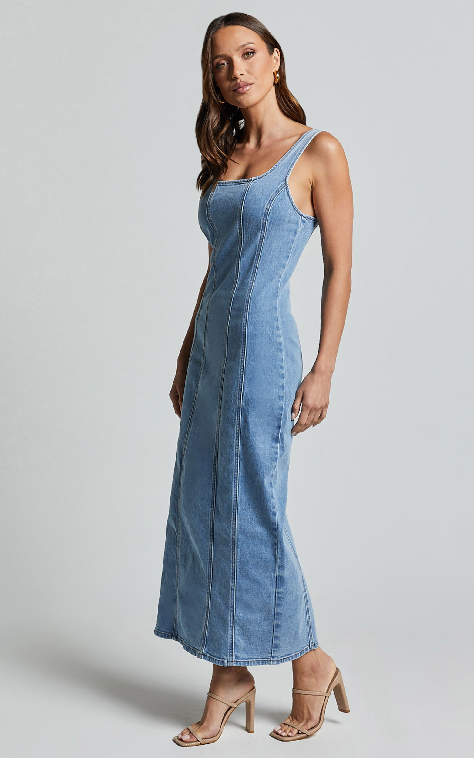 Zenith Midi Dress - Wide Strap Panel Detail Recycled Denim Dress in Mid Blue Wash