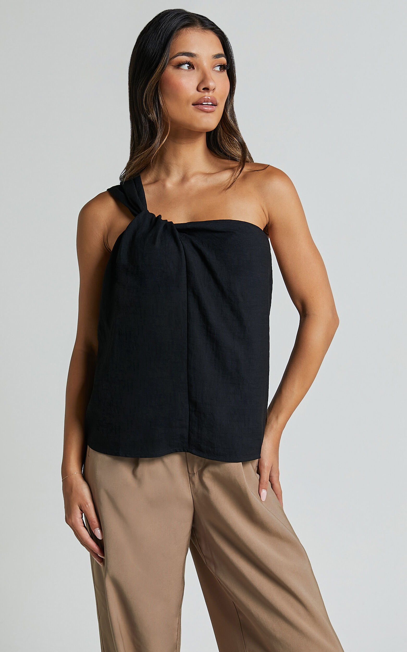 Bobbi Top - Linen Look Knot Detail One Shoulder Top in Black