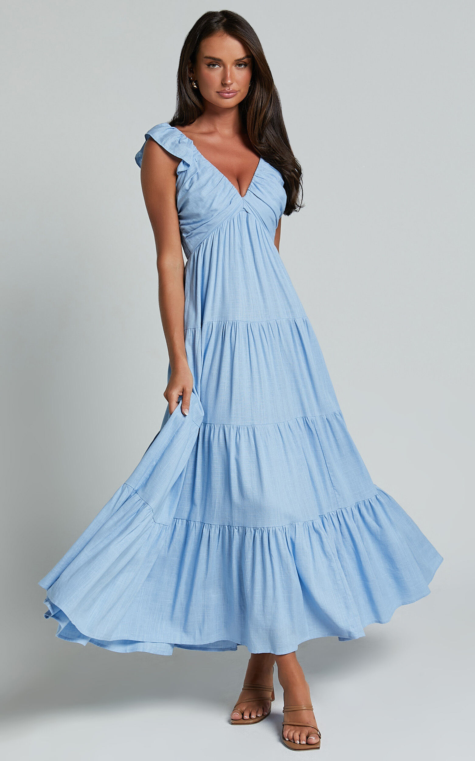 Nicollee Midi Linen Dress - Plunge Neck Sleeveless Tiered Dress in Blue