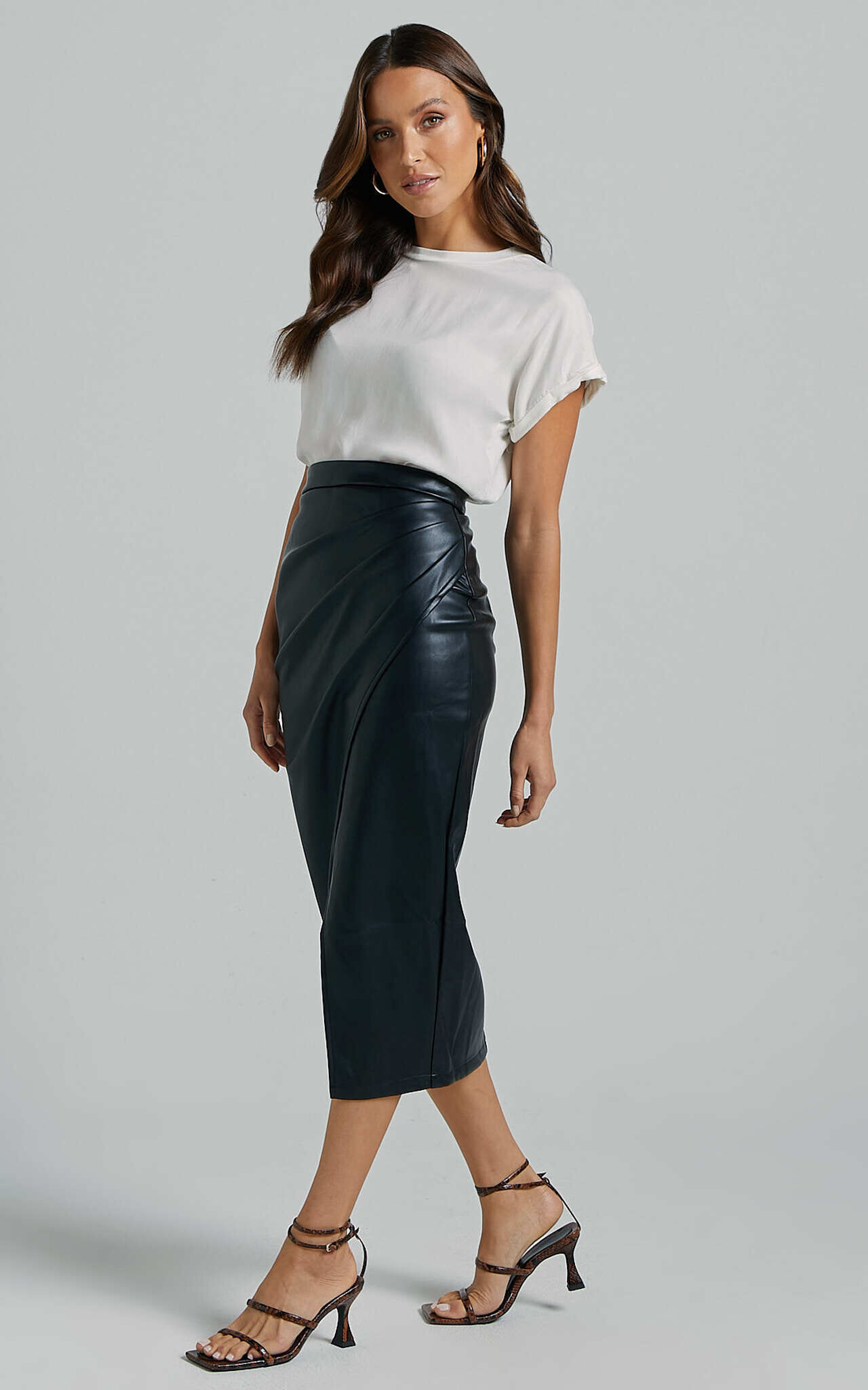 Gena Midi Skirt - Split Faux Leather Skirt in Black