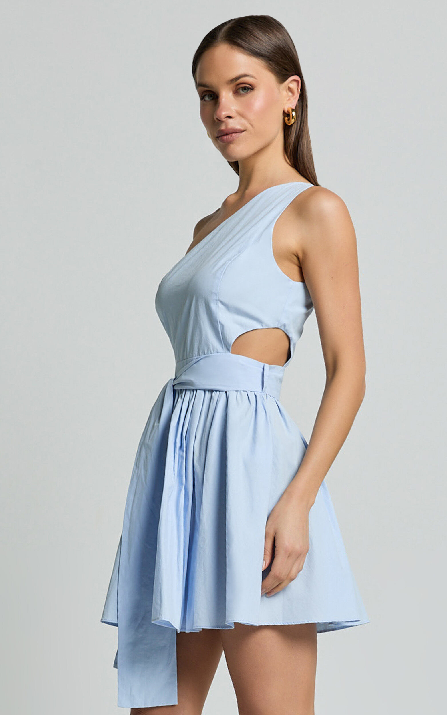 Mauee Mini Dress - One Shoulder Tie Waist Cut Out Dress in Powder Blue