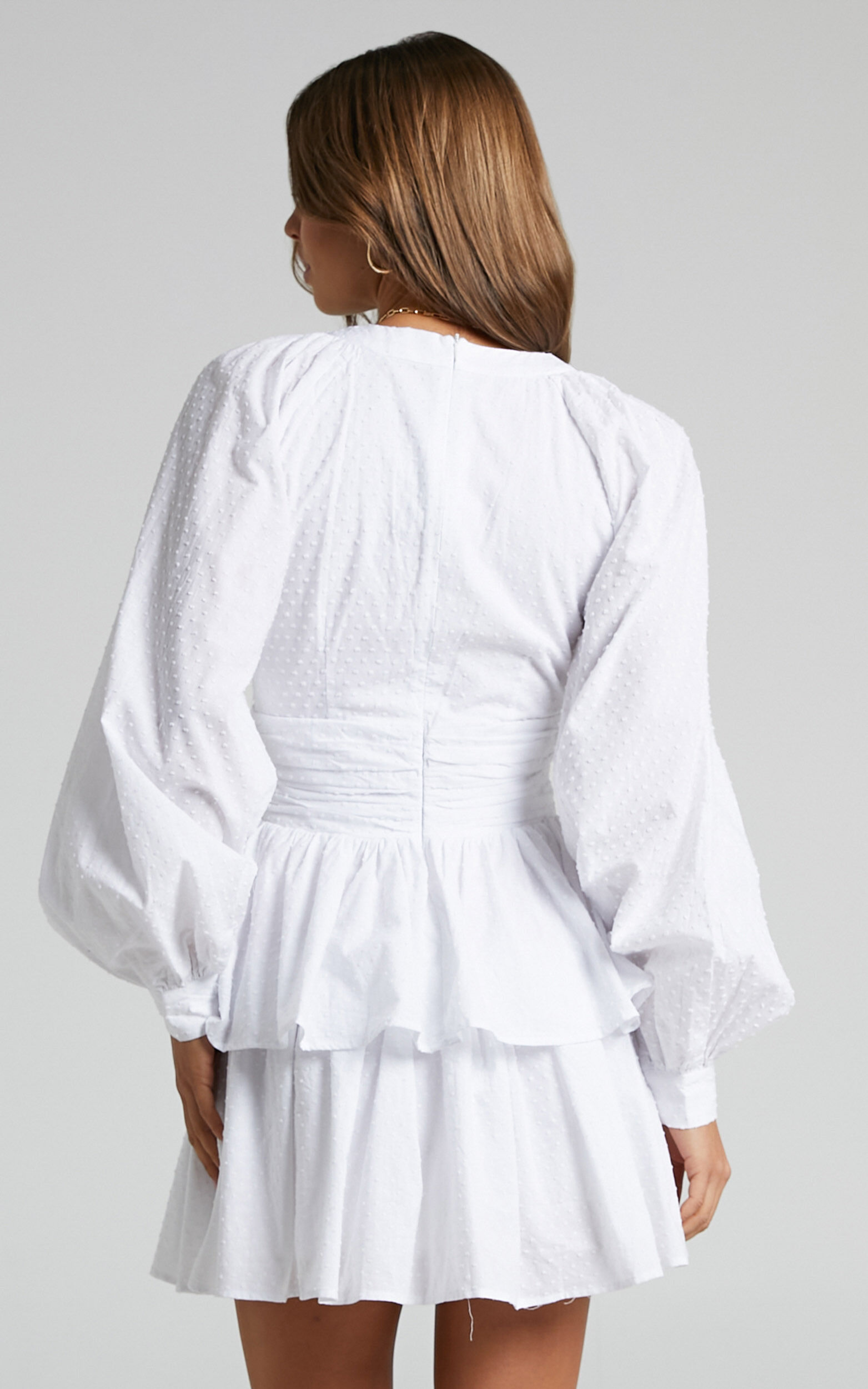 Suki Mini Dress - Plunge Neck Balloon Sleeve Tiered Ruffle Dress in White