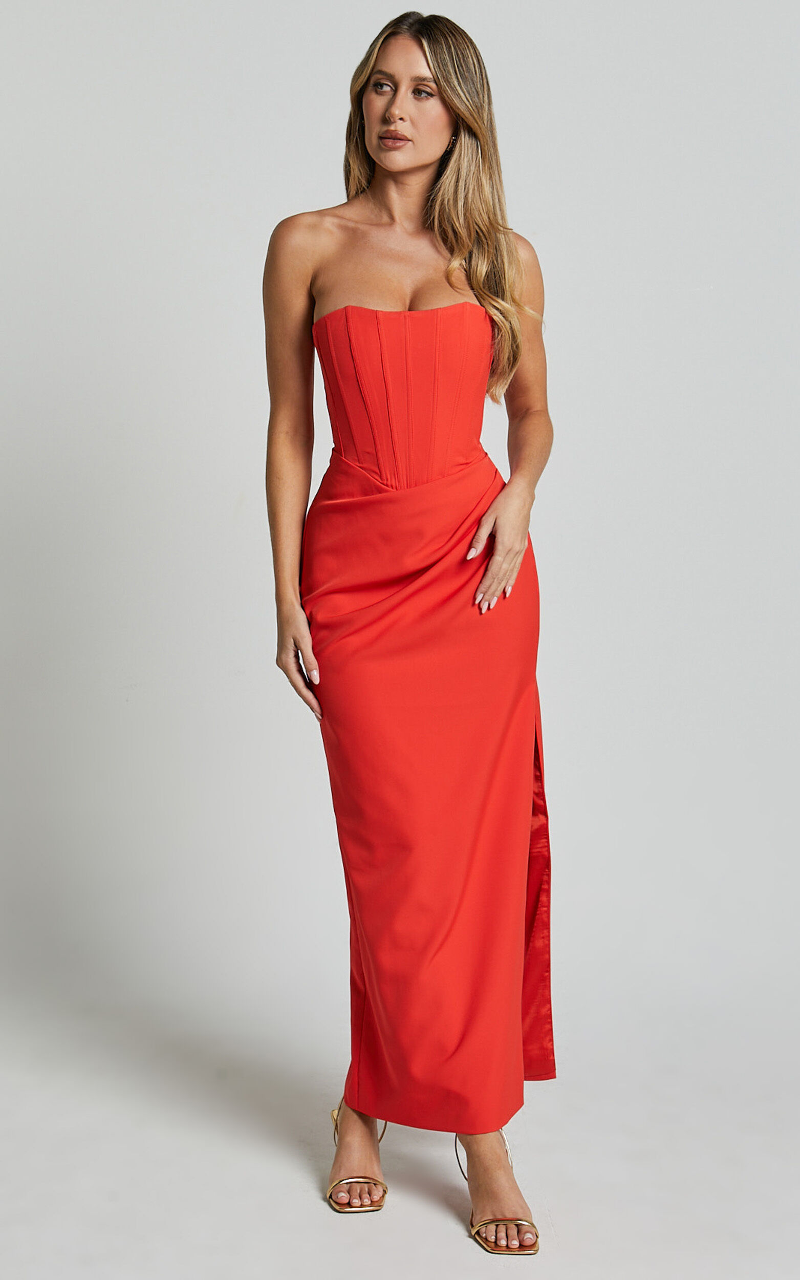 Avery Midi Dress - Strapless Draped Side Split Dress in Orange