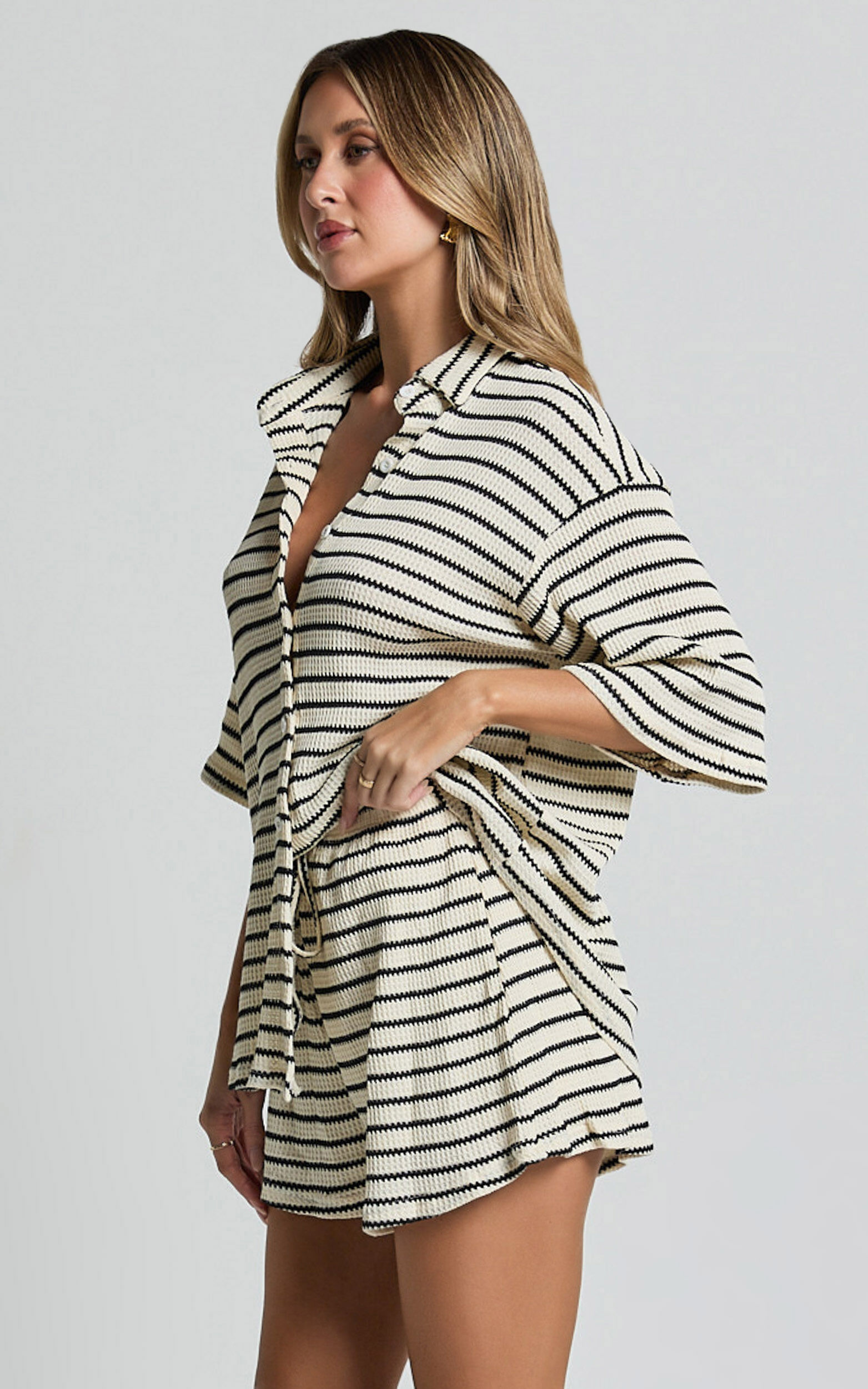 Dylan Two Piece Set - Striped Waffle Shirt and Short Set in Black & Cream Stripe